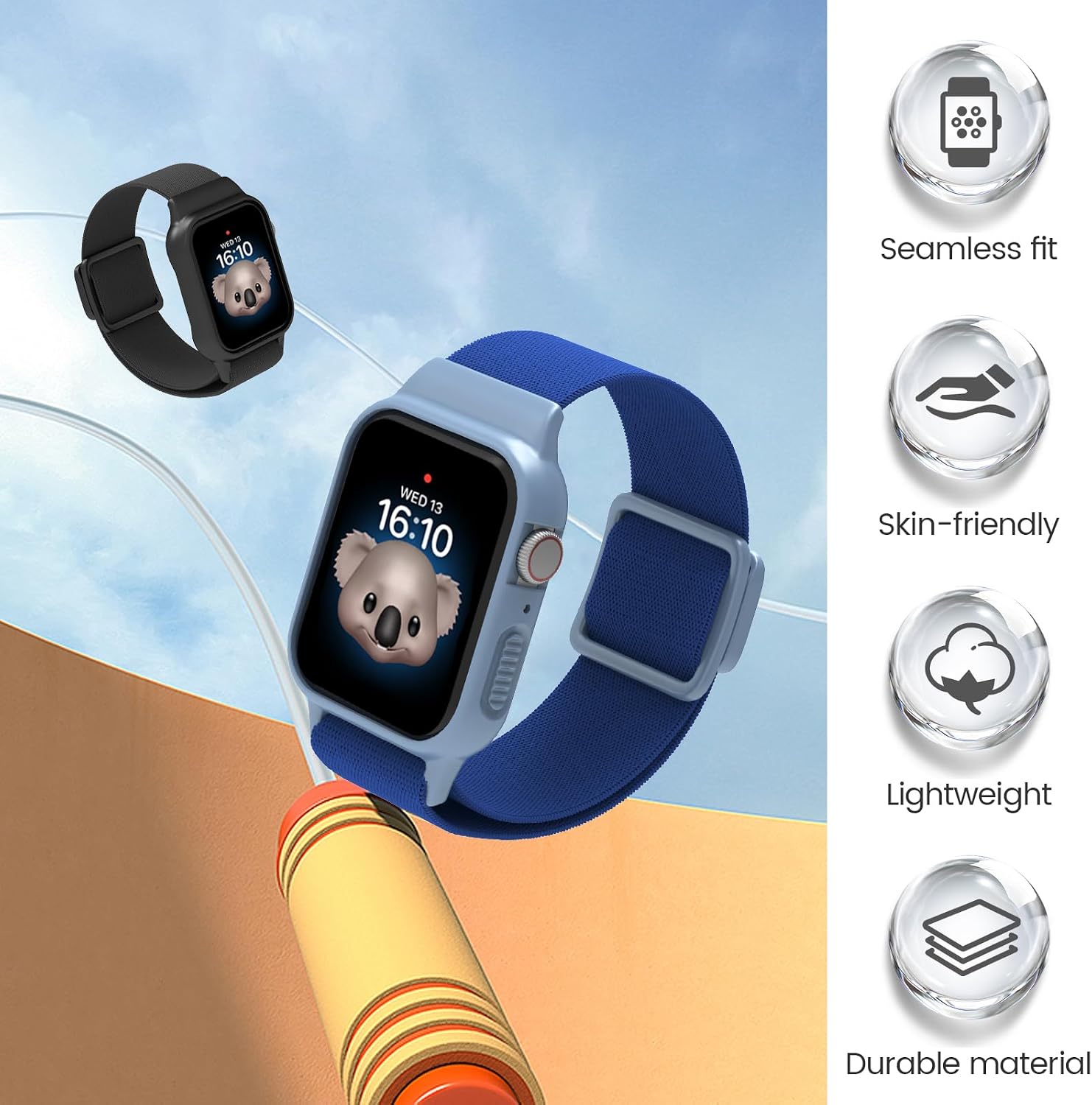 Compatible with Kids Apple Watch Band with Bumper Case, Elastic Nylon Strap with Adjustable Snap-On Clasp for iWatch 38/40/41mm & 42/44/45mm Boys Girls (No Screen Protector included)