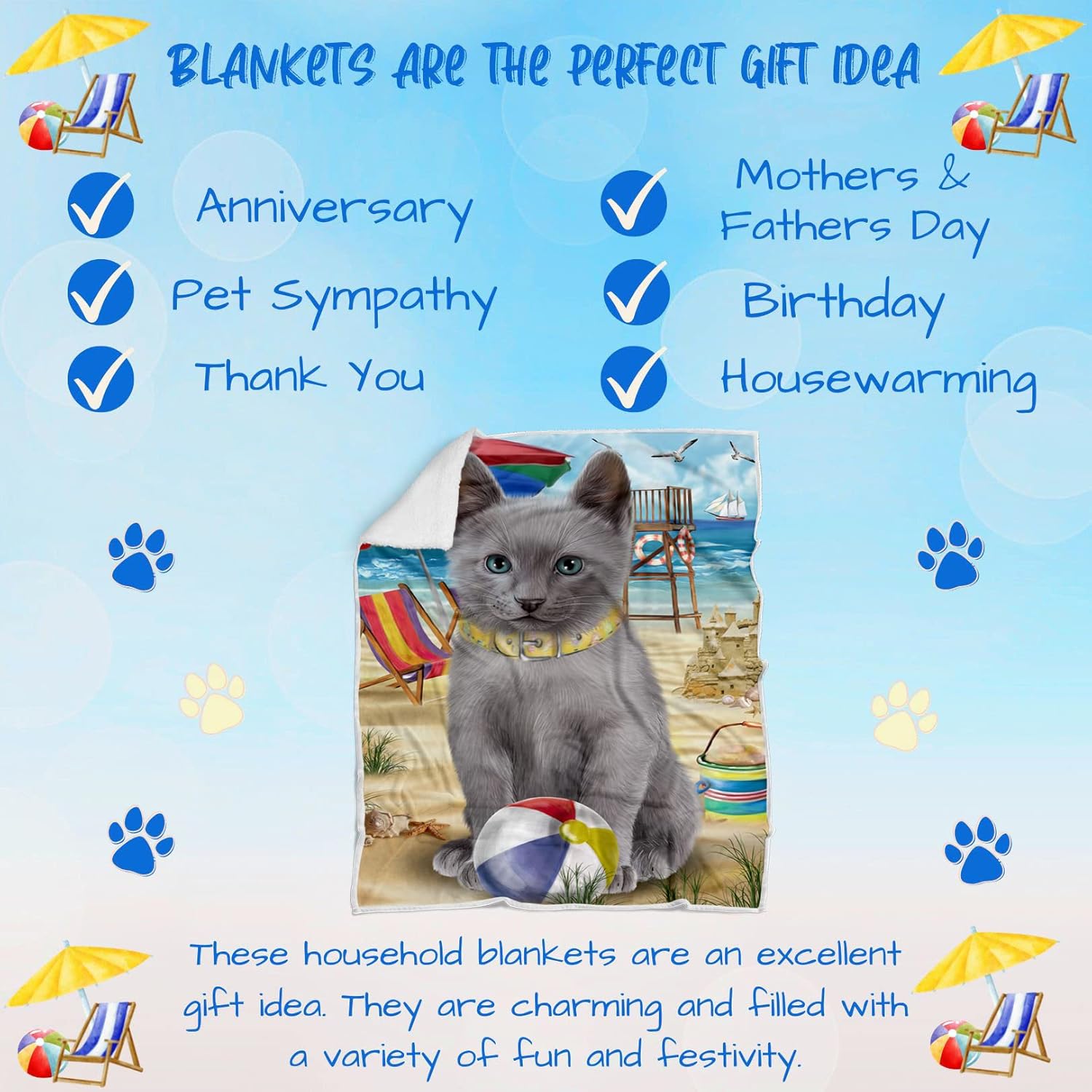 Pet Friendly Beach Russian Blue Cat Blanket - Lightweight Super Soft Cozy and Durable Bed Blanket - Animal Theme Fuzzy Blanket for Sofa Bed Couch BLNKT56661 (30x40 Fleece)