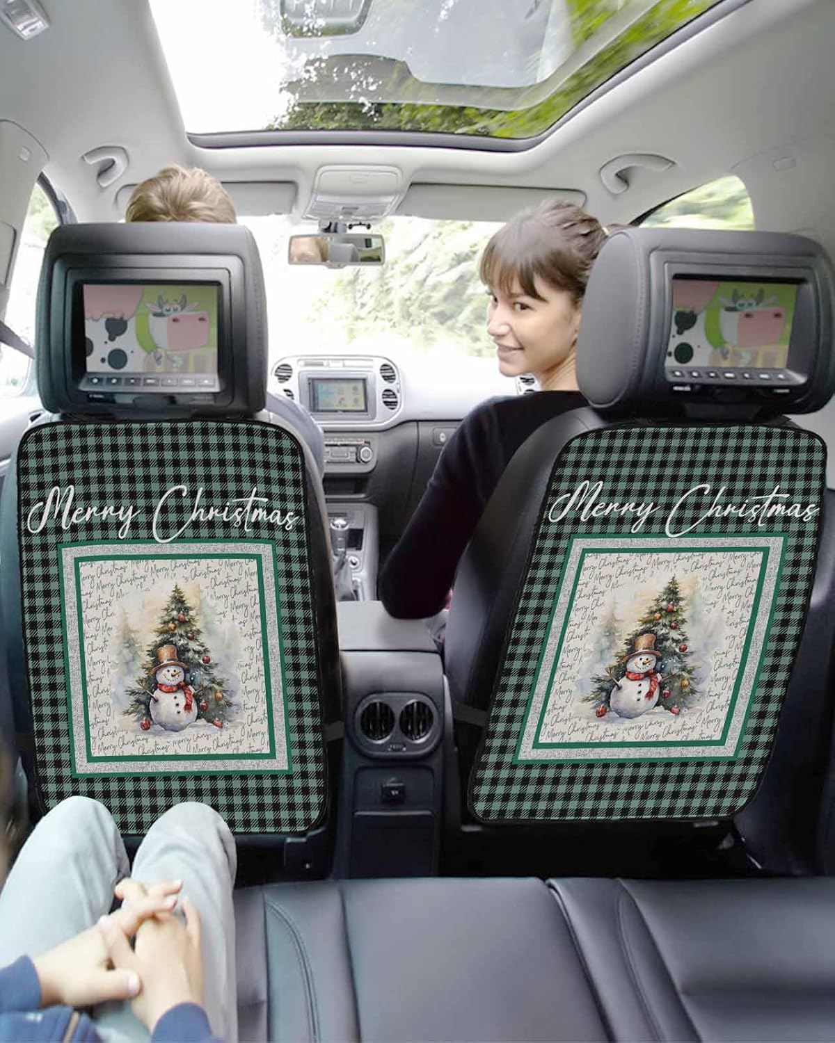 Car Seat Protector, 2 Pack Kick Mats Back Seat Protector Christmas Green Buffalo Plaid Snowman Xmas Tree Forest Waterproof Backseat Cover for Kids Universal Fit Automotive Interior Protectors