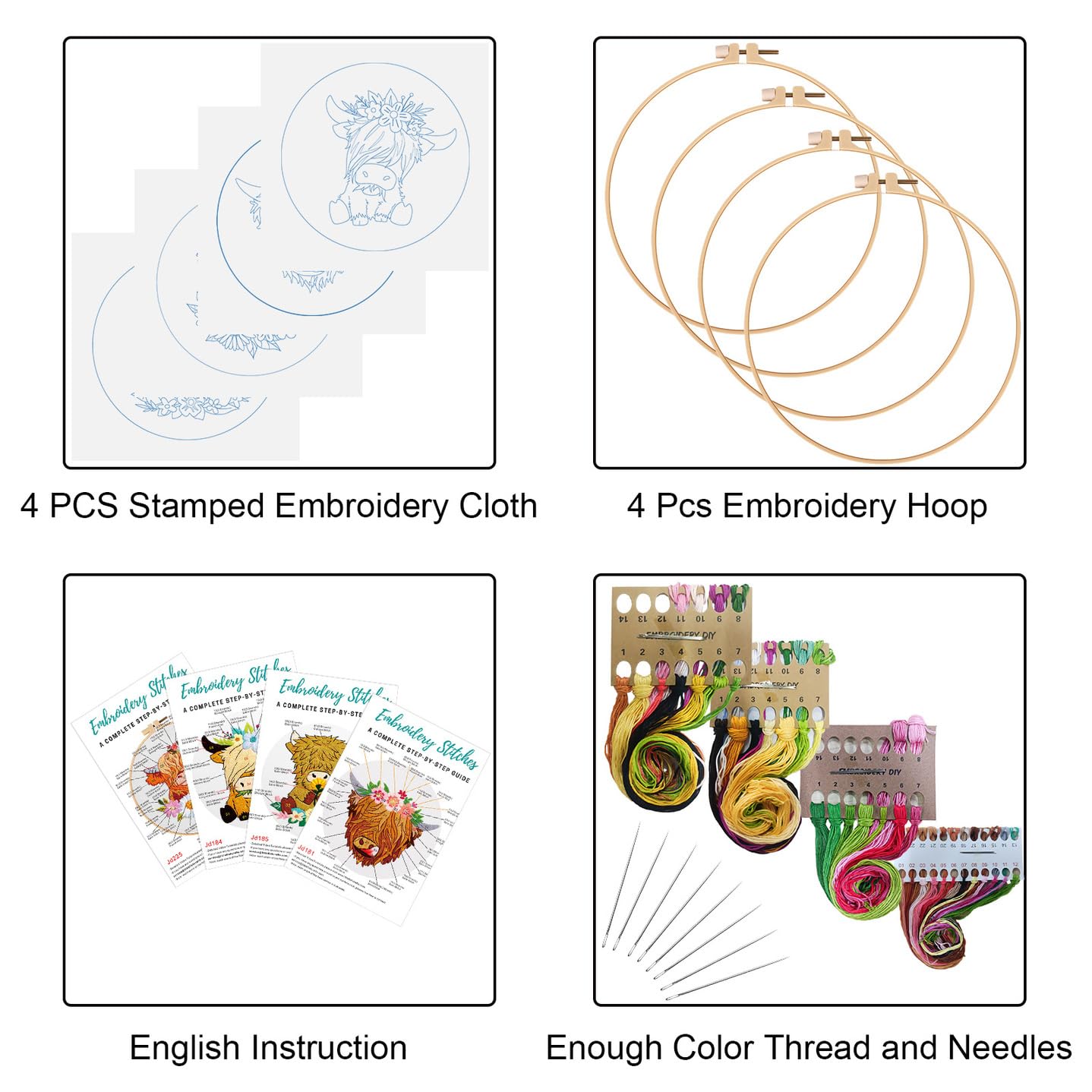 Louise Maelys 4 Sets Highland Cow Embroidery Kits for Beginners,Cross Stitch Kit for Adults,DIY Needlepoint for Starters Including Embroidery Hoop,Cloth, Instruction and Threads