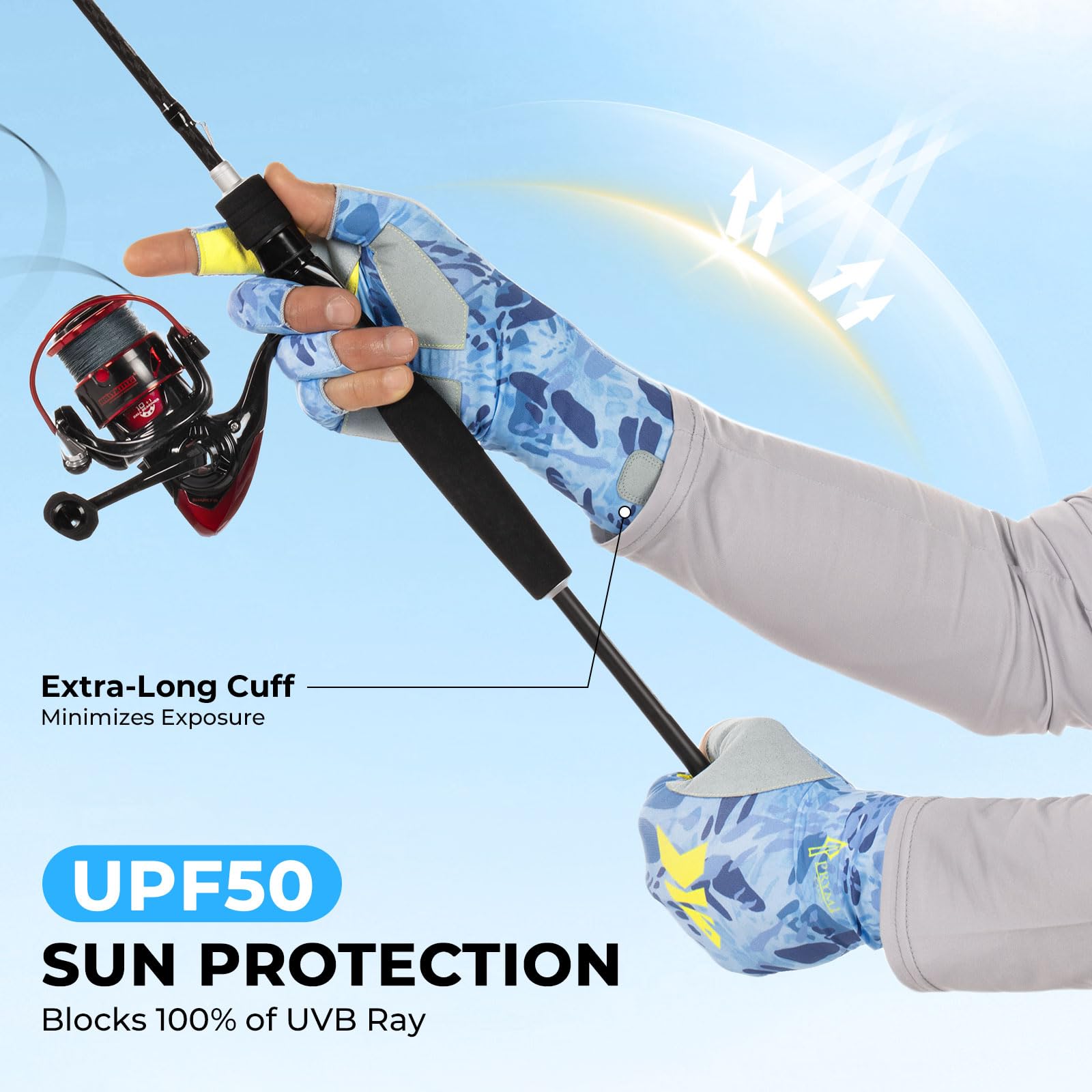 KastKing Agies Fishing Gloves Men, UPF 50+ Sun Gloves UV Protection, Cooling Quick-Dry 3/4 Fingerless Gloves with Extended Cuff, Microfiber Palm & Pull Tabs, for Fishing, Kayaking, Hiking, Hunting
