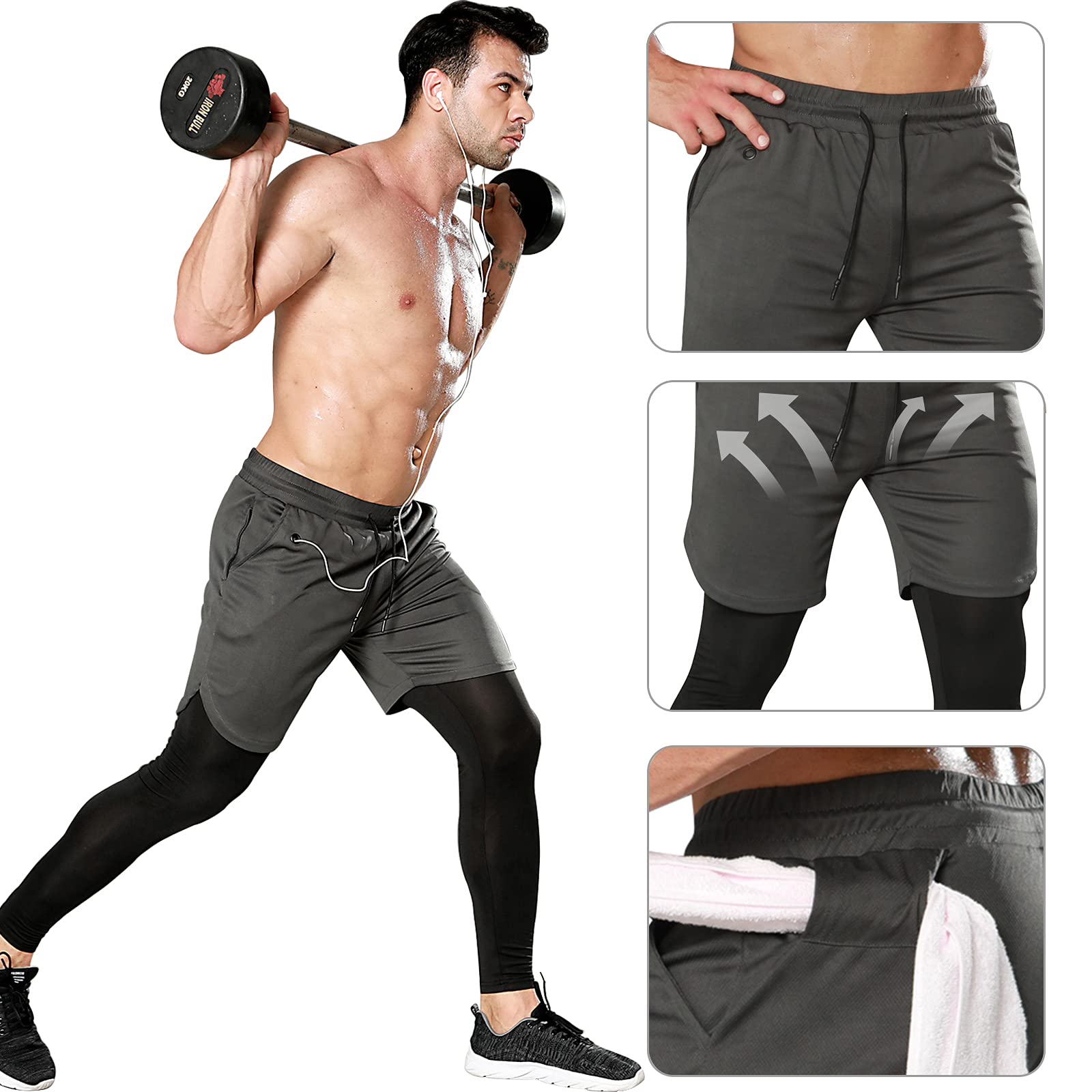 OEBLD Pantalones de compresión para Hombre, 2 en 1, Pantalones de Correr, Pantalones de Entrenamiento, Mallas de Gimnasio con Lazo para Toalla, Negro + Gris, Large