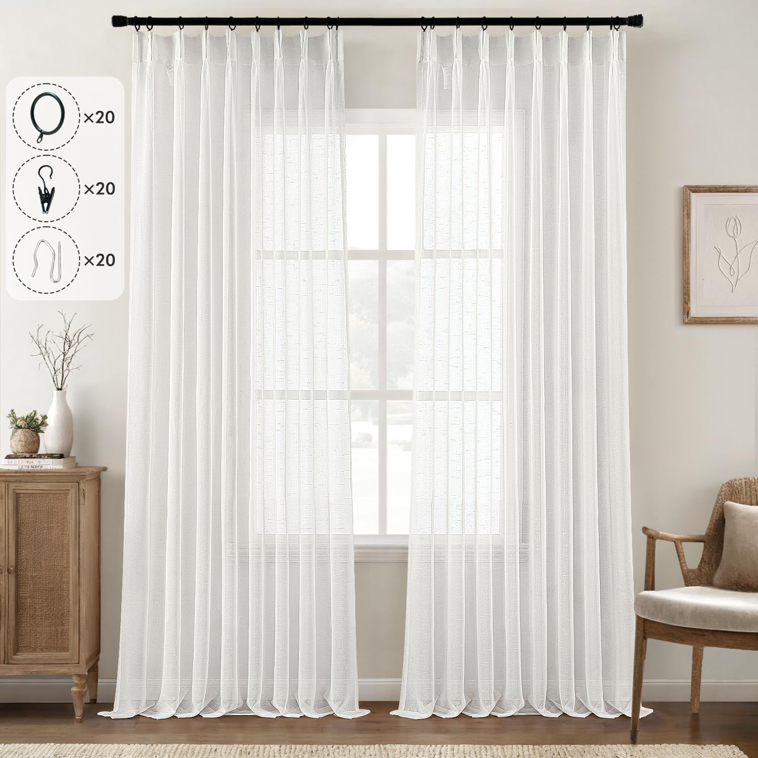 MIULEE Visillos Cortinas Translucida Efecto Lino Cortinas Plisadas con Ganchos para Sistema de Riel, Solapa Trasera para Barra, Salón Ventana Habitación Dormitorio,2 Piezas,132X245CM, Lino Blanco