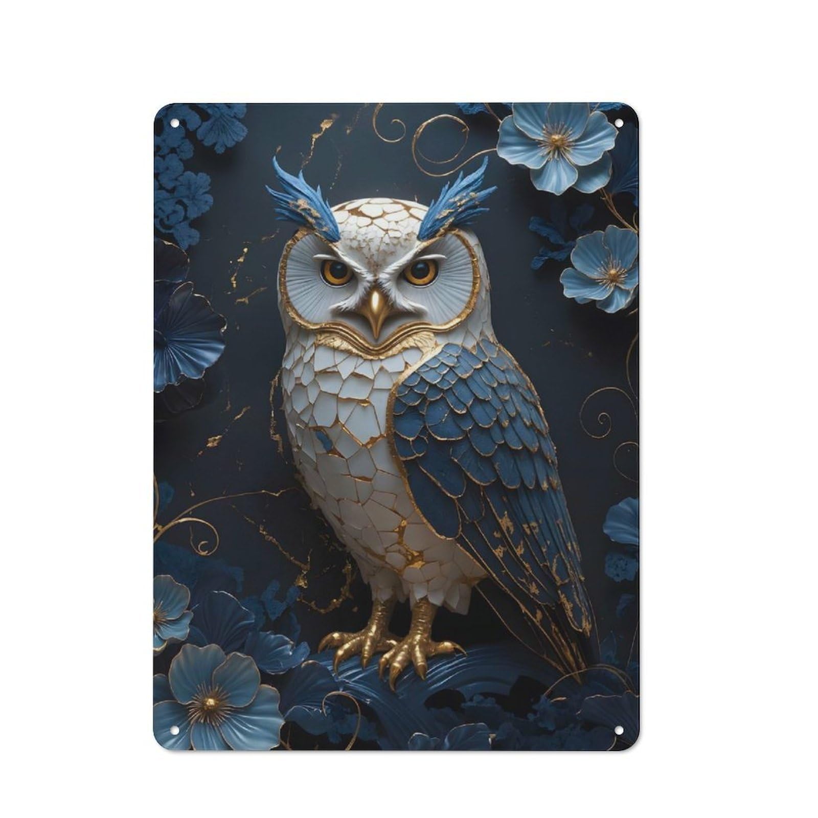 Junmoney Owl Floral Kintsugi Art Tin Wall Plaque 40X30cm With For Home Bar Wall, For Hosts Who Enjoy Retro Interiors