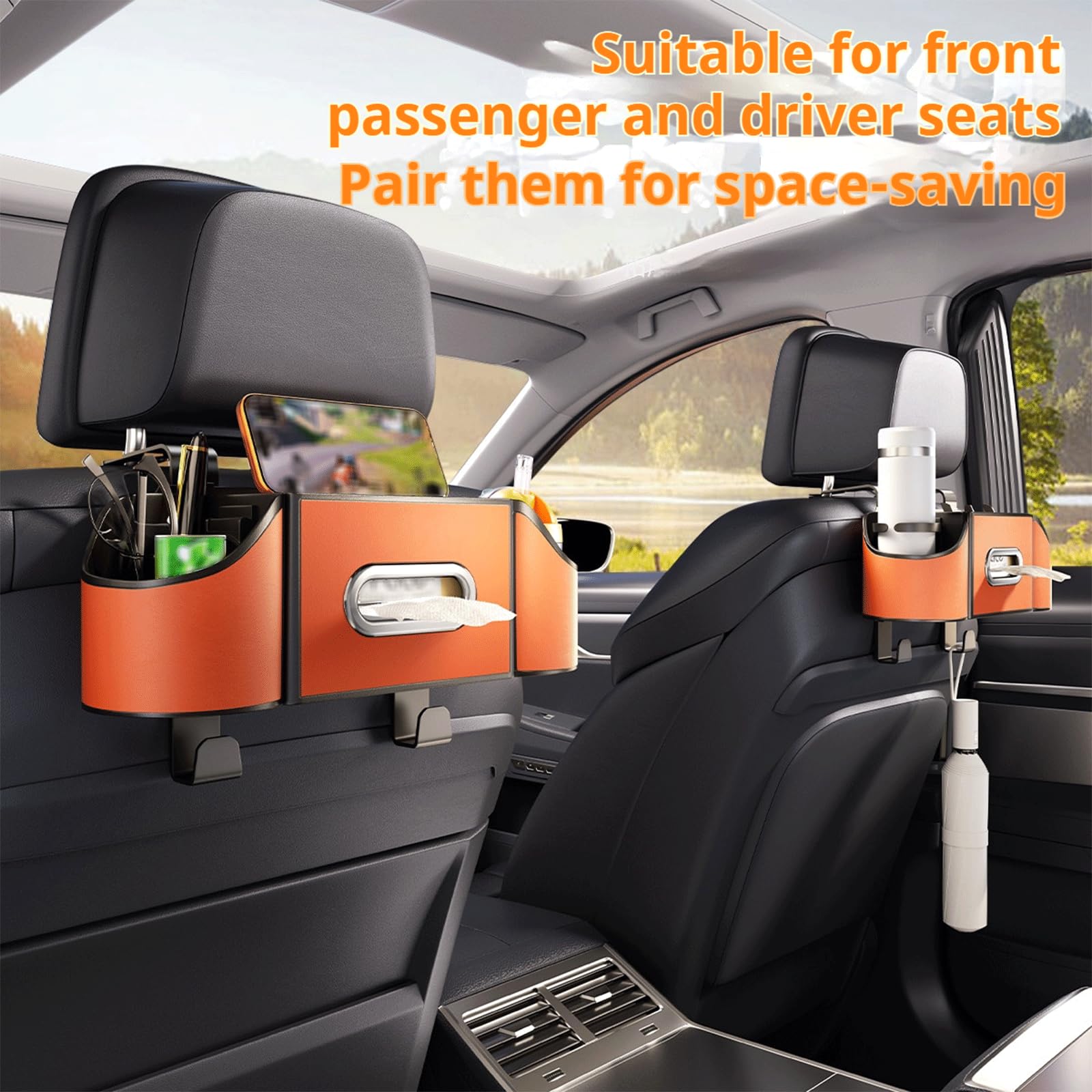 Organizador de asiento trasero de coche, caja de almacenamiento 3 en 1 para teléfonos, aperitivos, bebidas y bolsos. Mantén tu vehículo limpio y organizado con esta solución multifuncional