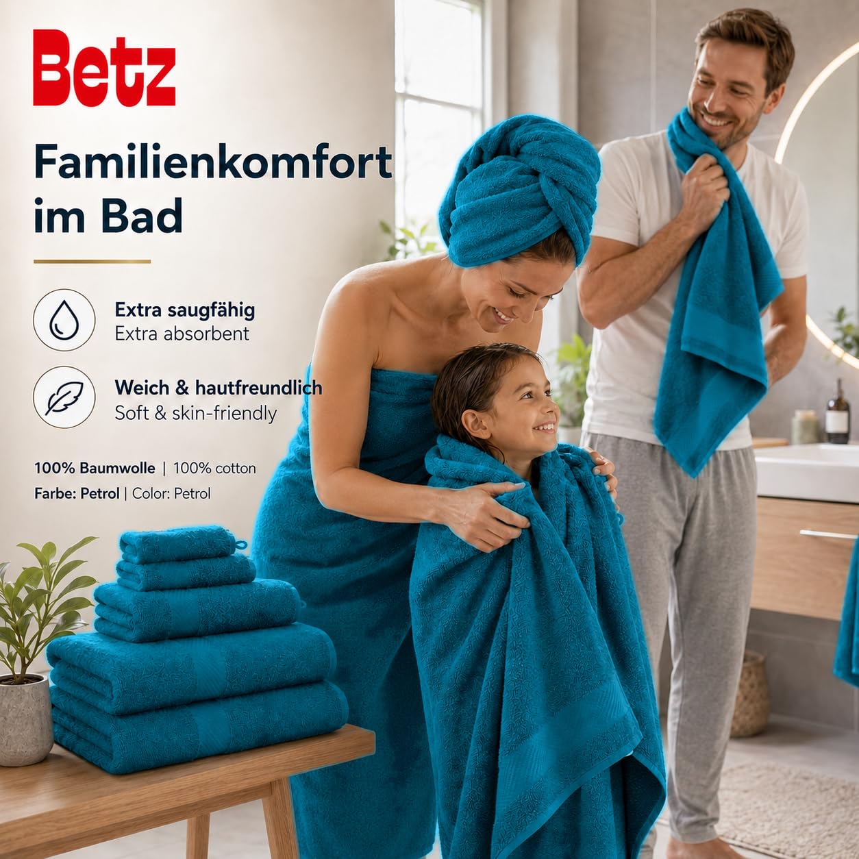 Betz Palermo Handtuch-Set 12-teilig – 100% Baumwolle – Oeko-TEX® Zertifiziert – extra saugfähig & weich – hohe Grammatur – Duschtücher, Handtücher, Gästetücher & Waschhandschuhe Farbe Petrol