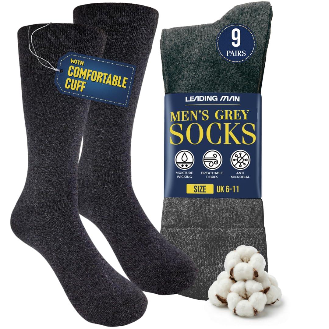 Leading Man Men's Grey Socks, Plain Cotton Socks For Seamless Smart Suitable For Work, Business, School, Formal And Casual Wear- Breathable Dress Socks, Socks 6-11 (9 Pairs)
