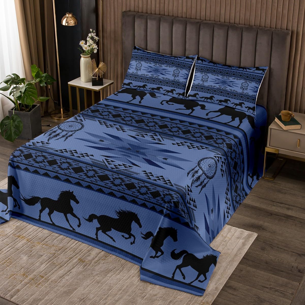 jejeloiu Boho Bedspread King Size Kids Southwestern Native Aztec Quilted Coverlet for Boys Girls Teens Southwest Native American Design Coverlet Set Navy Blue