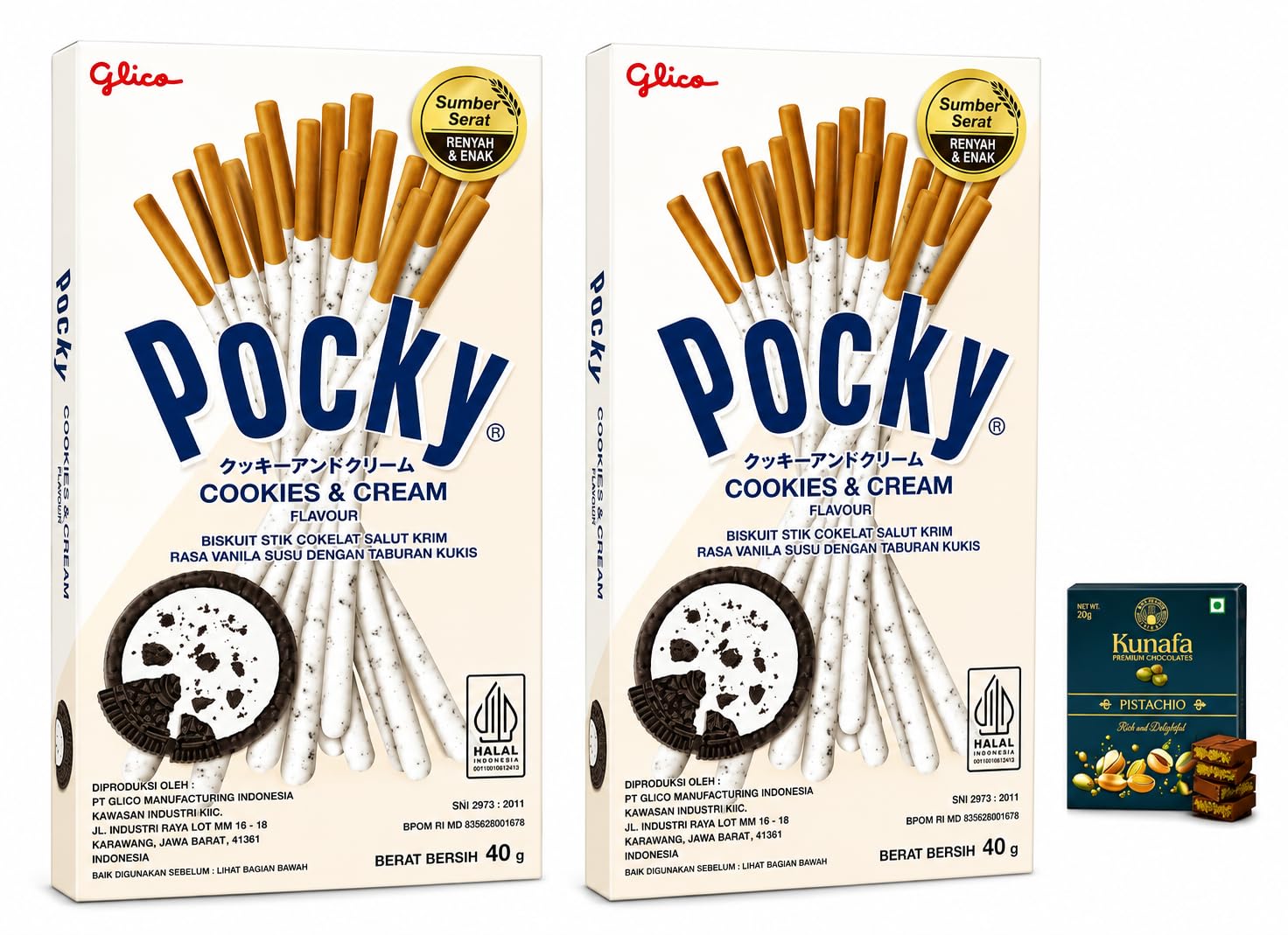 Pocky's Cookies & Cream Flavour Biscuit Sticks (Pack of 2) 40g Each With Free Flavourito Kunafa Pistachio Chocolate Bar, 20g By Decadent Foods (Imported Indonesia)-image-48