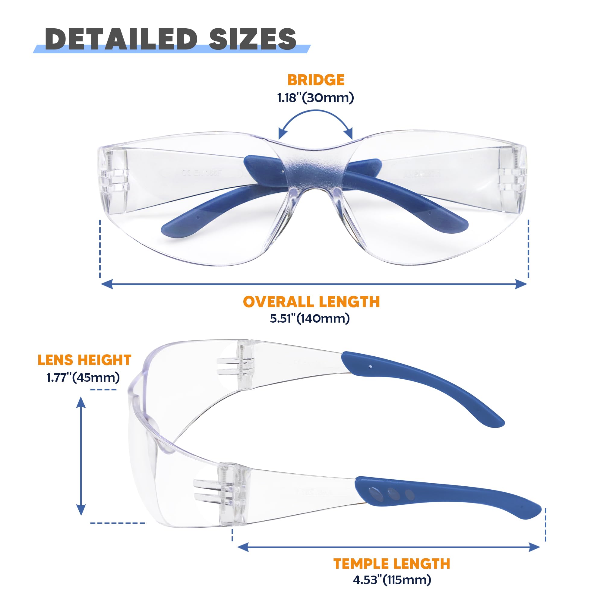 Gafas de seguridad transparentes, paquete de 24, lentes de policarbonato con patillas de goma, gafas de seguridad antiarañazos, resistentes a los impactos, protección ocular para construcción