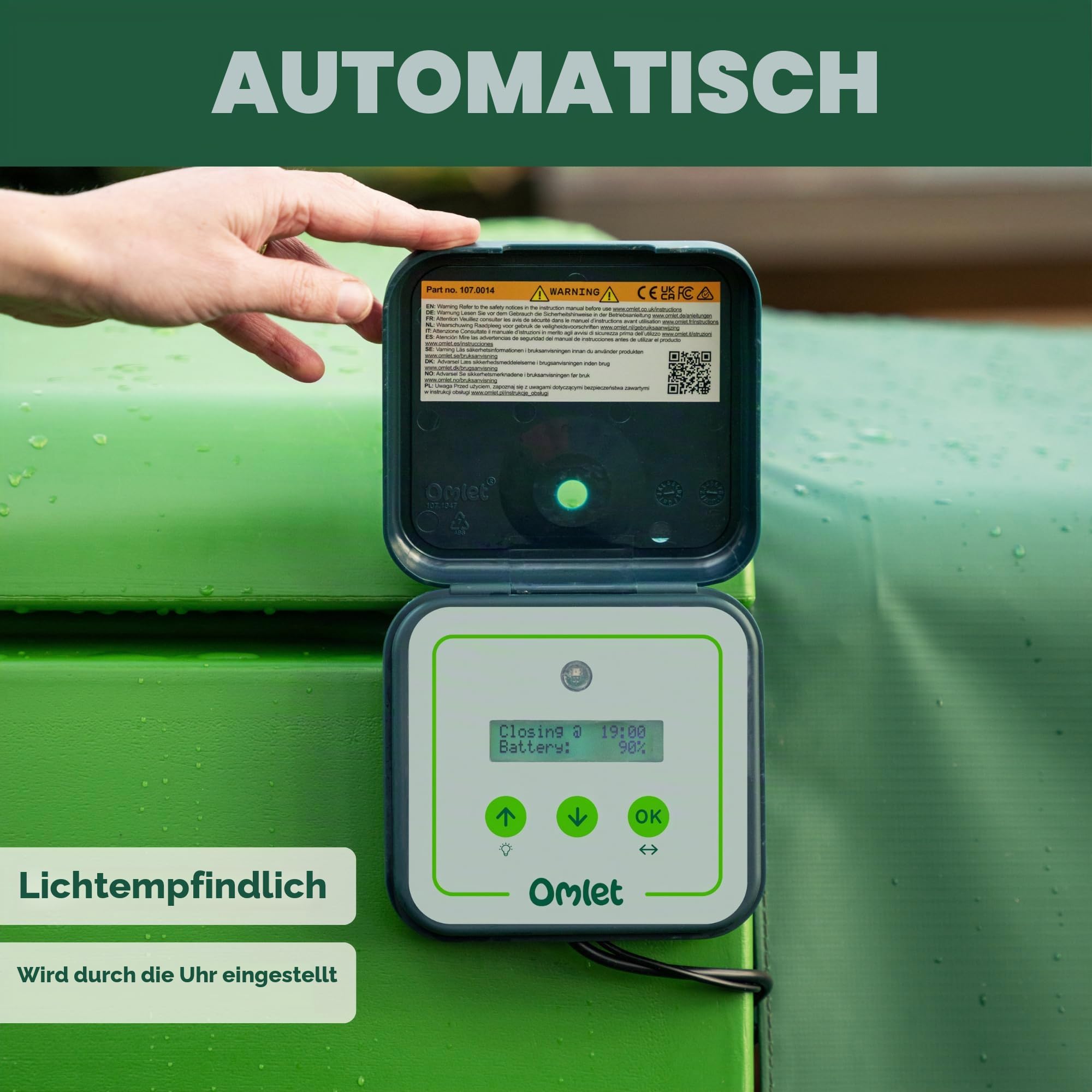 Omlet Intelligente automatische Hühnerstalltür | Wi-Fi-fähig | Programmierbar mit App oder Bedienfeld | Bedienung per Lichtsensor oder Timer | Netz- oder Batteriebetrieben | Sicherheitssensoren |