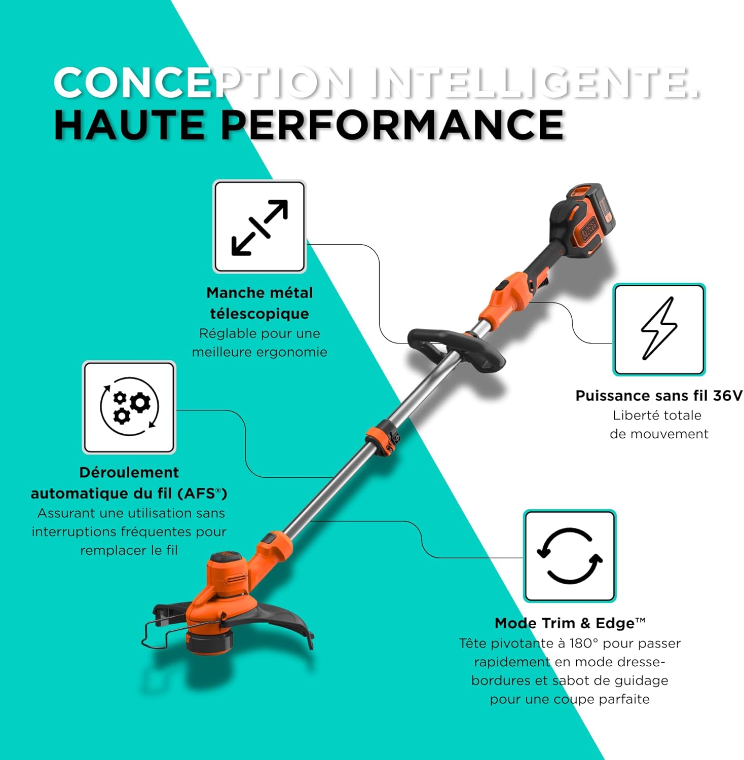 BLACK+DECKER Coupe-Bordures sans Fil 36V avec Batterie et Chargeur Rapide - Largeur de Coupe 33cm, Moteur brushless, déroulement Automatique du Fil, Vitesse Variable - BCSTA536L1-QW — vue 3