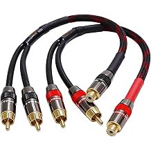 RCA Splitter Cable 1 Female to 2 Male 1ft - Professional Subwoofer Y Adapter for Dual Speakers Amplifier Audio Extension Cord 24K Gold Plated OFC Shielded Extension Cord 2-Pack