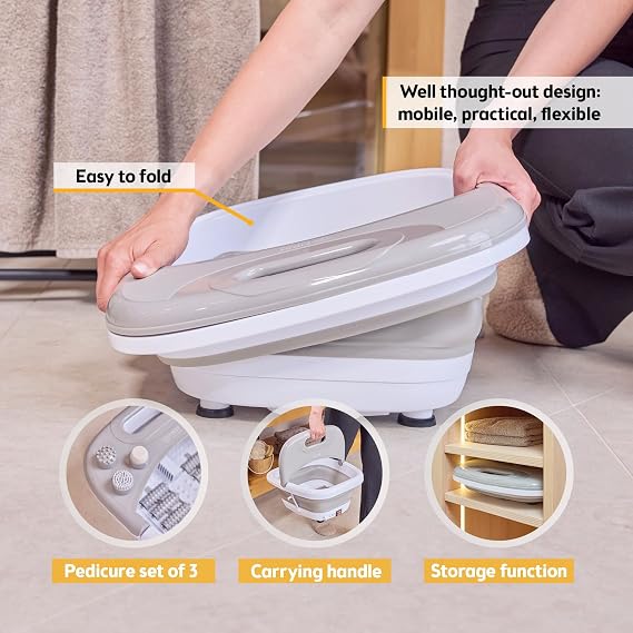 TZS First Austria - Foldable Foot spa Foot Massager 450W with 3 attachments & 8 Massage Rollers - Foot Bath with Vibration & air Bubble Massage, Infrared & Heating Function - Electric Pedicure tub