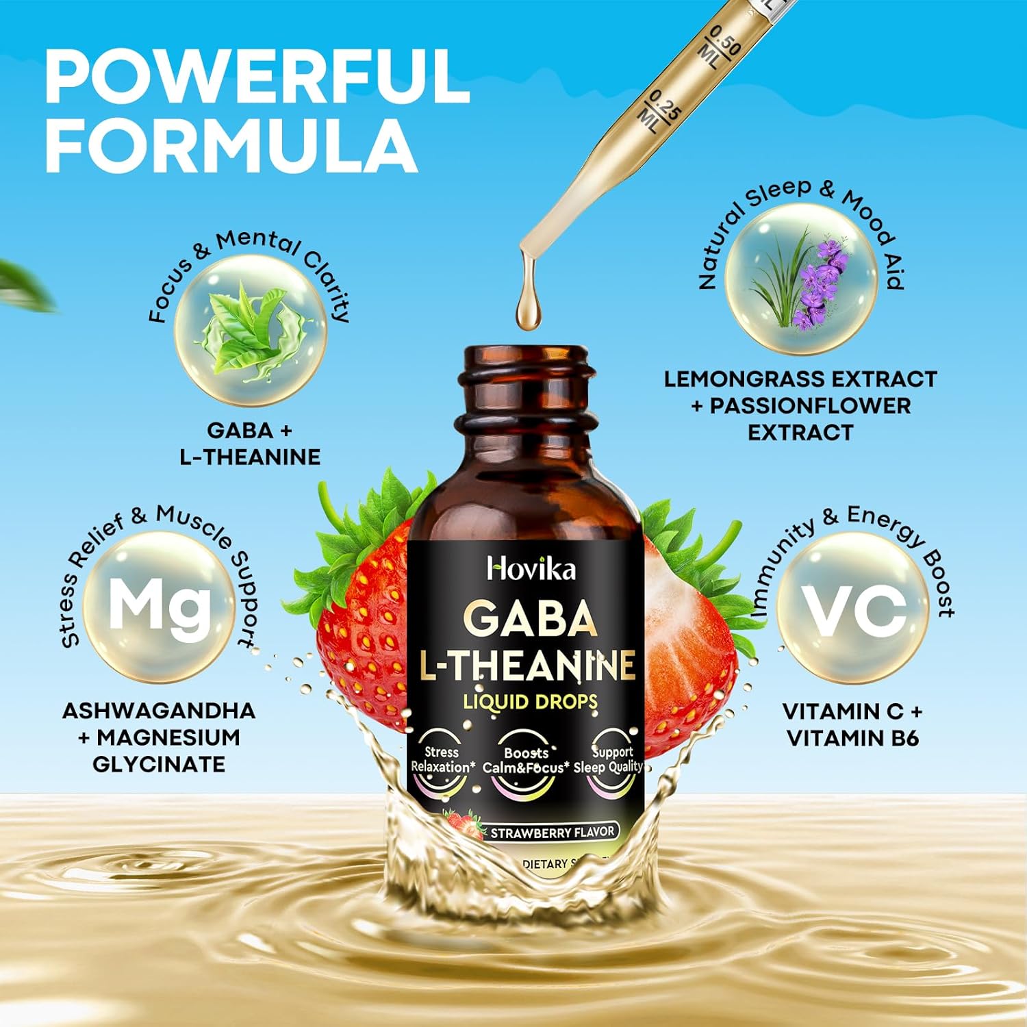 GABA L-Theanine Drops - Liquid GABA L-Theanine Supplement with L-Theanine, Ashwagandha, Magnesium Glycinate, Vitamin C, B6 - Support Sleep, Relaxation, Calm Mood & Focus - Strawberry Flavor, 2 Fl Oz