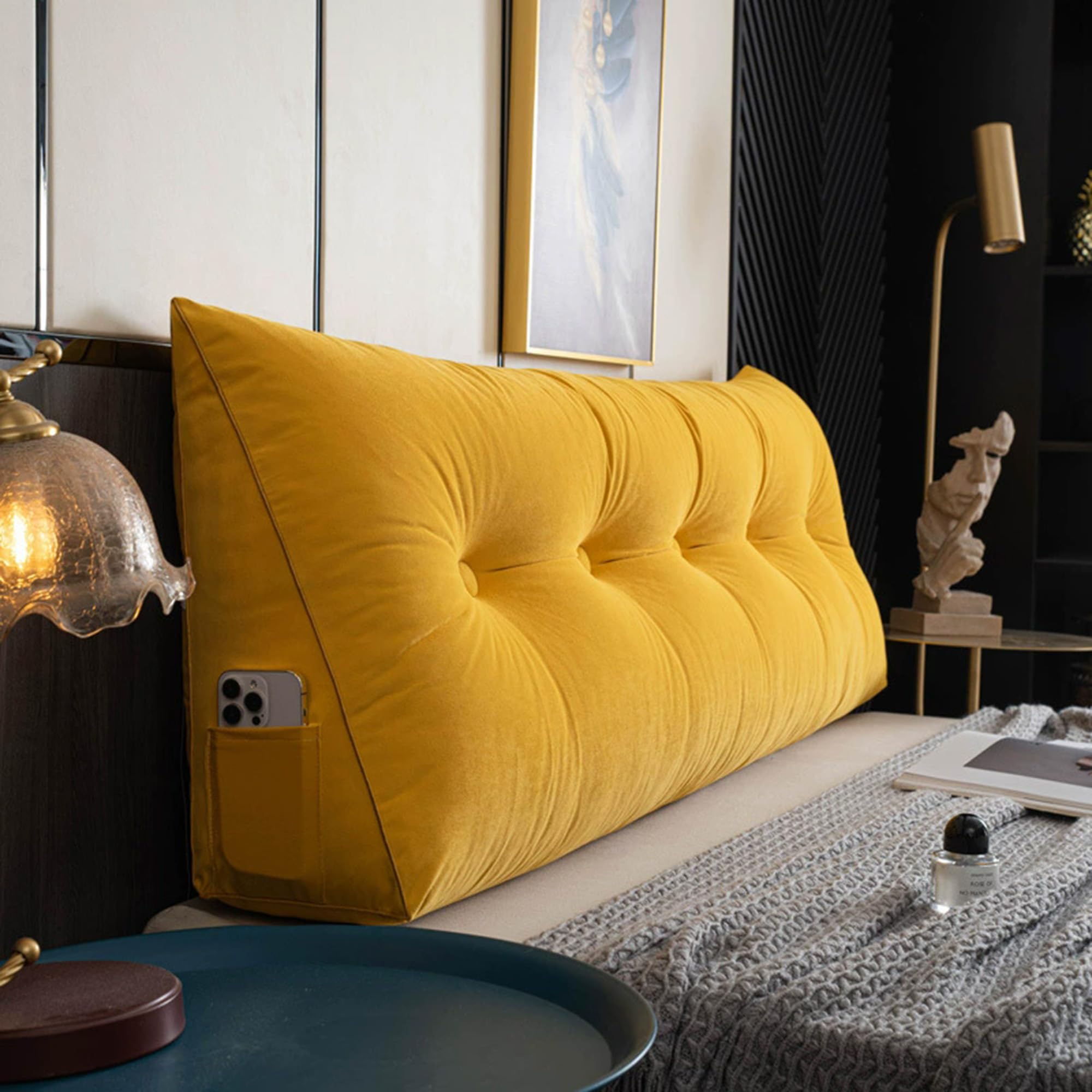 Hruile Wedge Lumbar Pillow, Triangular Backrest Reading Pillow, Large Headboard Cushion with Removable Cover, Sofa Daybed Positioning Bolster, Back Cushion for Bed (120x50x20cm,Yellow)