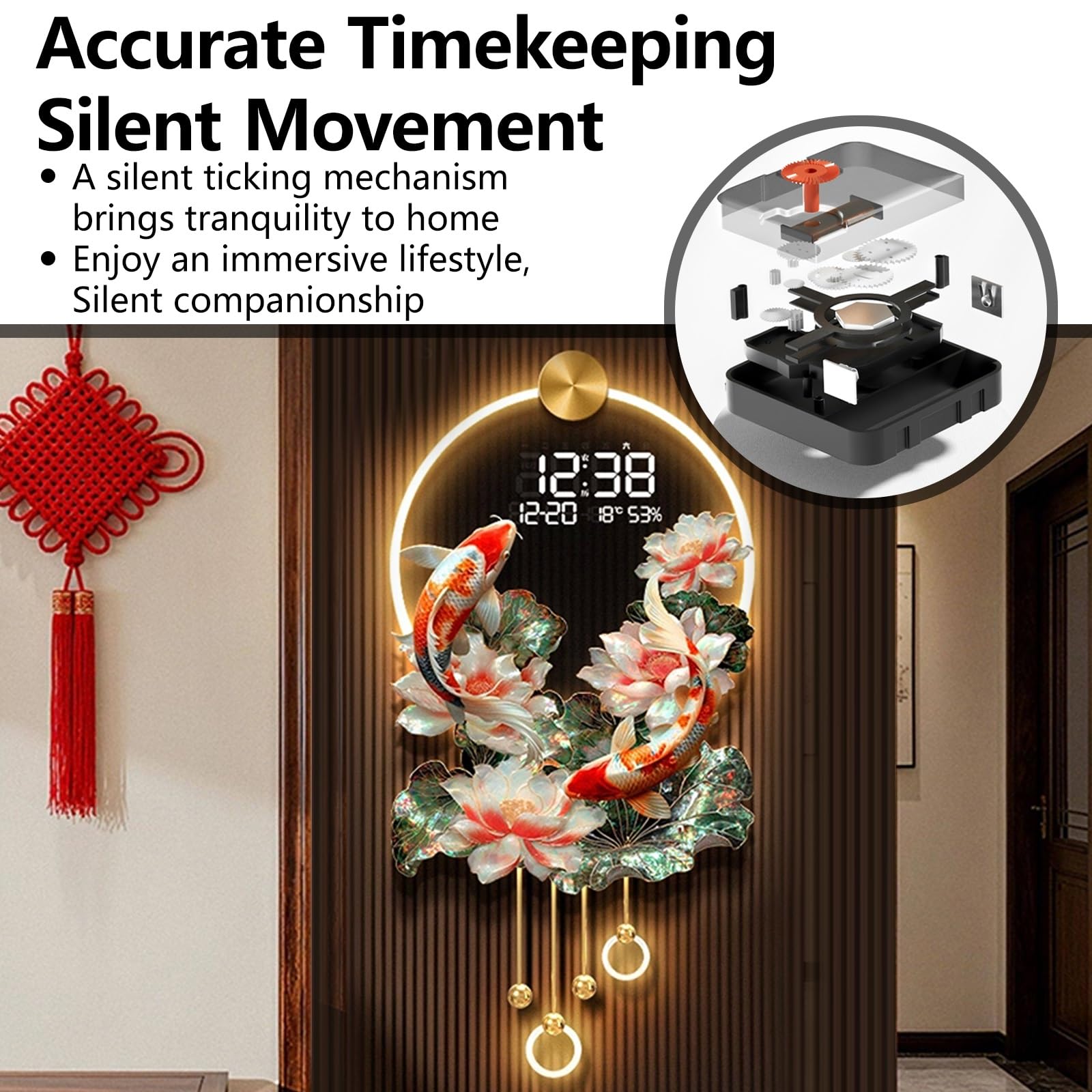 Grande orologio da parete decorativo 3D, design silenzioso senza ticchettio con luce LED, visualizza temperatura e data, ideale per camera da letto, soggiorno e ufficio