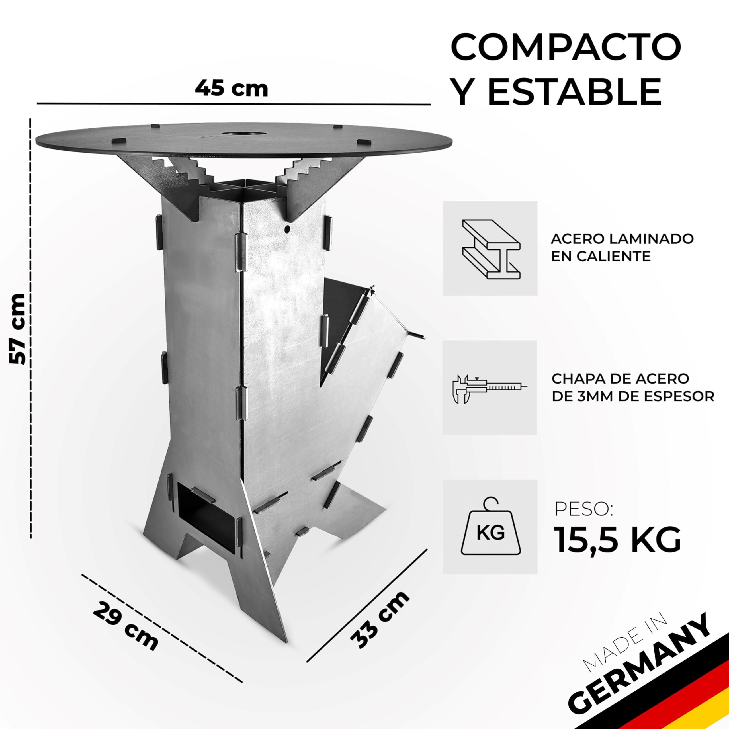 GRAFT Estufa cohete incl. parrilla Acoplamiento Rocket Stove acero 3 mm grosor | cuenco fuego | horno pellets | horno leña | cocina camping | parrilla camping | cocina leña
