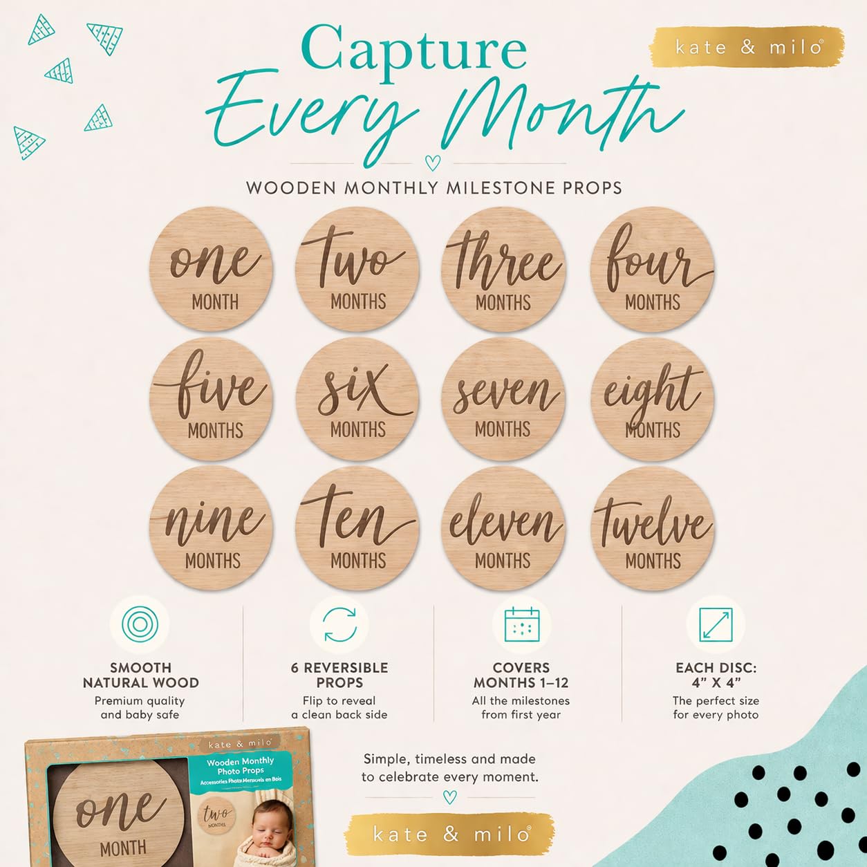 Kate & Milo Baby Monthly Milestone Marker Discs - Classic Cursive Script Wooden Discs with Reversible Photo Props for Baby Announcement and Milestones, Gender-Neutral Gift for Newborn Boy and Girl