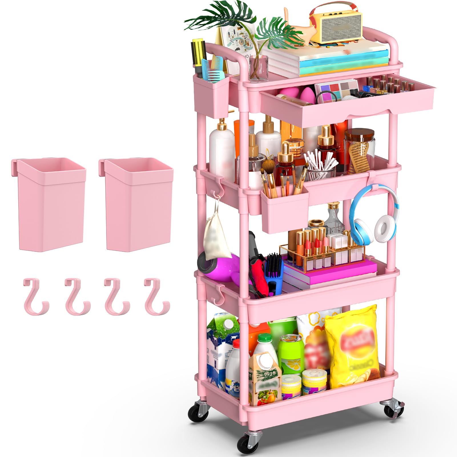Yeabett 4 Tier Craft Trolley, Storage Trolley On Wheels Utility Cart With Drawer For Kitchen, Bathroom, Office, Living Room, Pink