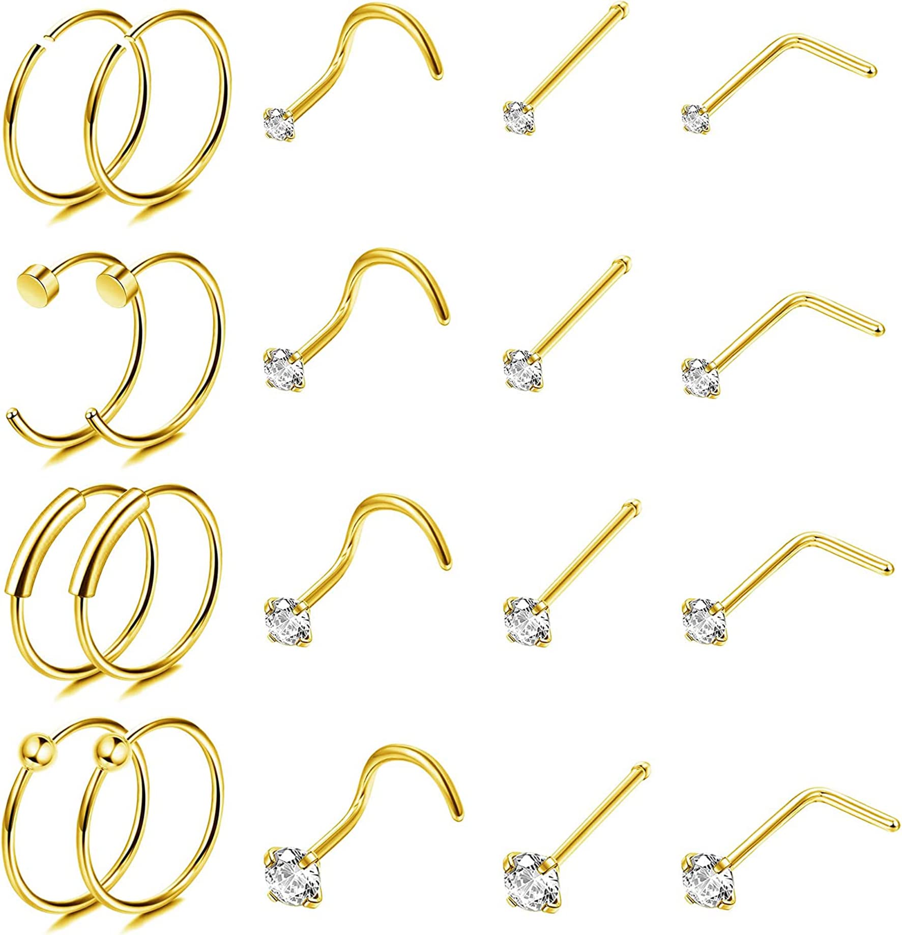 JeweBella 20 Piezas Piercing Nariz Acero Quirúrgico para Mujer Hombre Cartílago Piercing Oreja Anillos de Nariz Aro Septum Piercing Helix Conch Tragus Plata Oro 18G 20G 22G