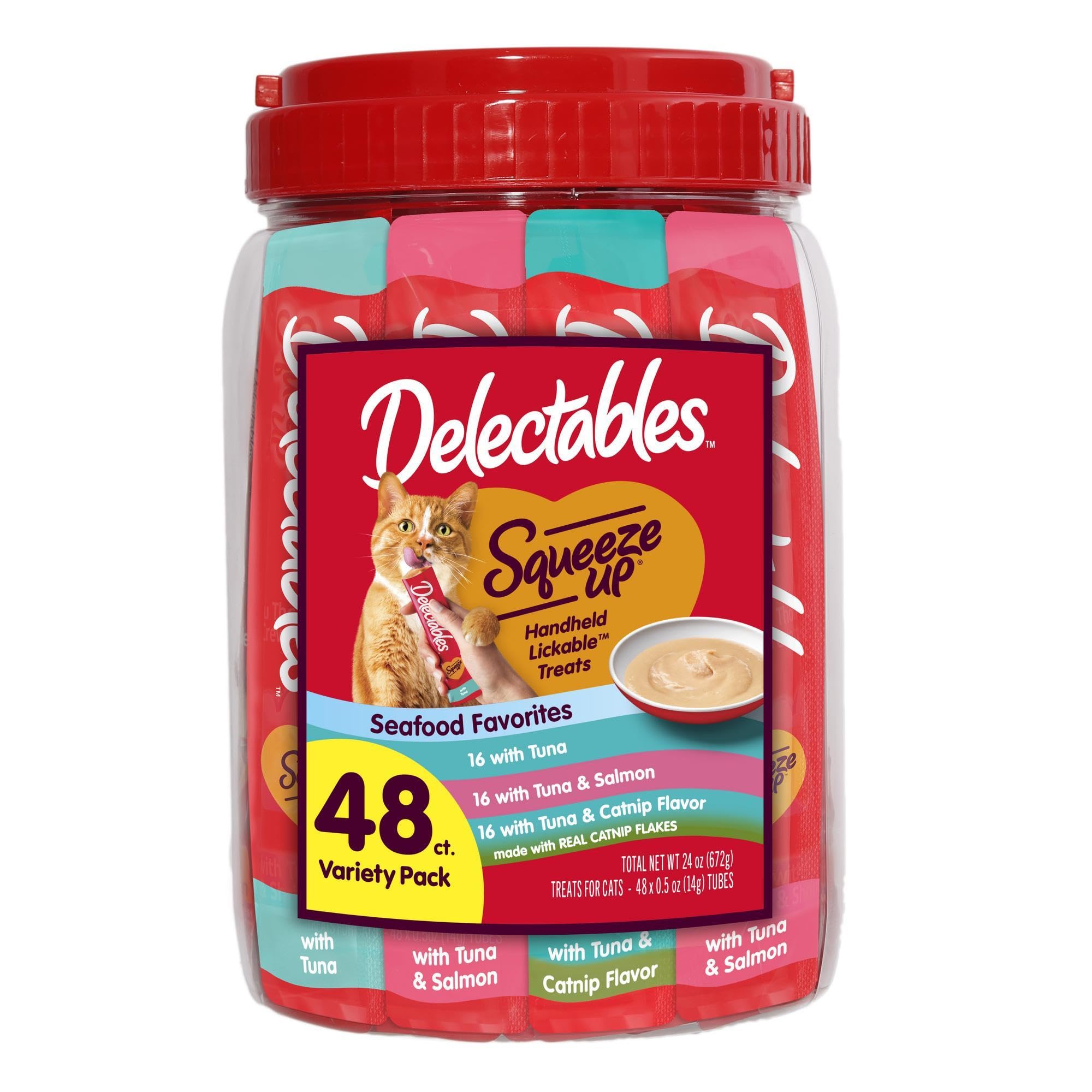 Delectables Squeeze Up Tuna Variety Pack, Creamy Squeezable Puree, Lickable Wet Cat Treats, Grain-Free, No Added Fillers, 0.5 Ounces Tube, 48 Tubes