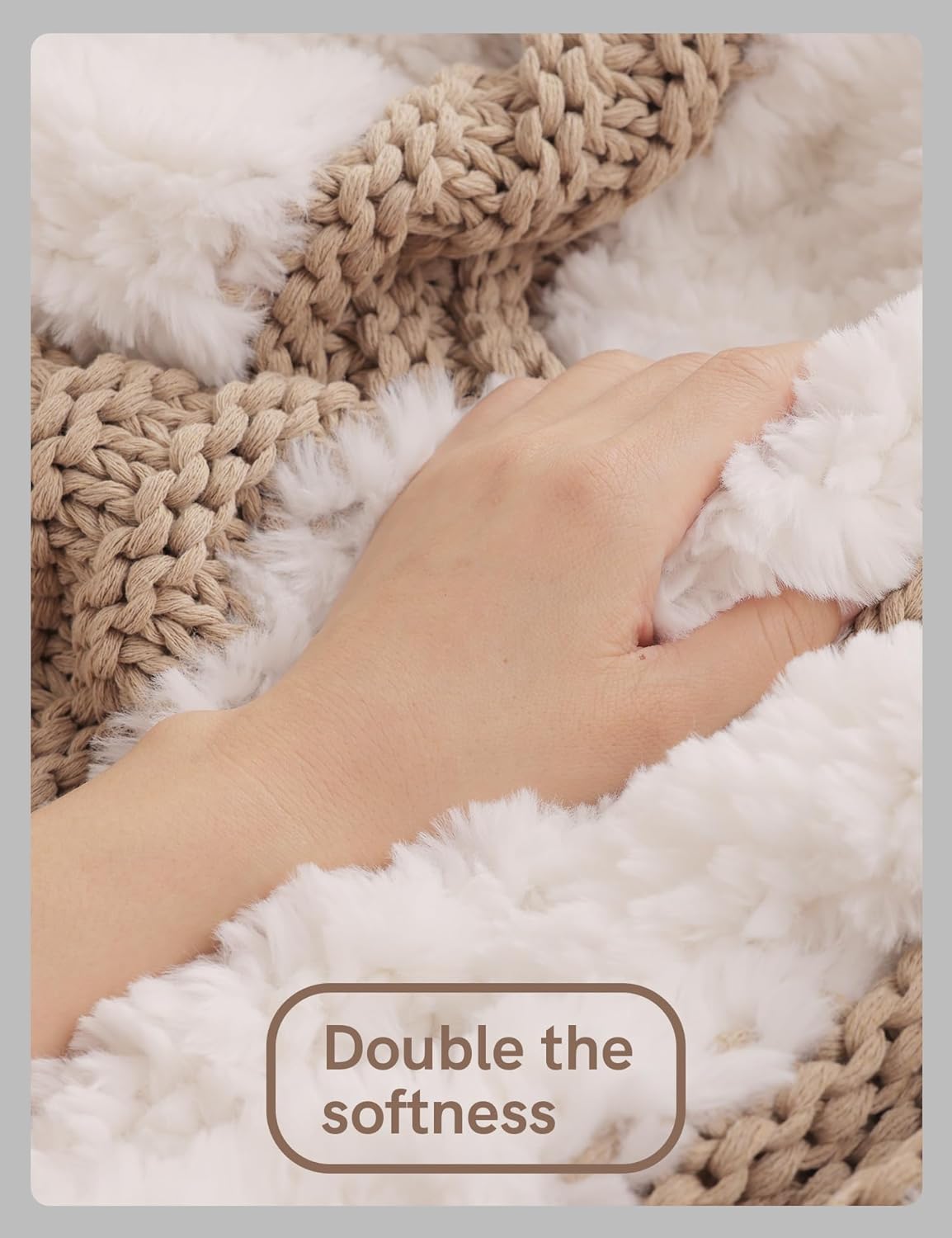 YnM Ultra Soft Fuzzy Throw Blanket, Hand Knit with Faux Rabbit Fur and Cotton Chunky Yarn, Reversible Thick Fluffy Throws, Home Décor Piece for Couch, Sofa & Bed, Beige 50x60 Inch