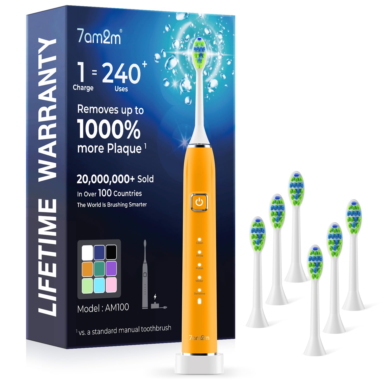 7AM2M Sonic Electric Toothbrush with 6 Brush Heads for Adults&Kids, One Charge for 120 Days, Wireless Fast Charge, 5 Modes, 40000VPM Powered Toothbrush, 2 Minutes Built in Smart Timer - Orange-image-27