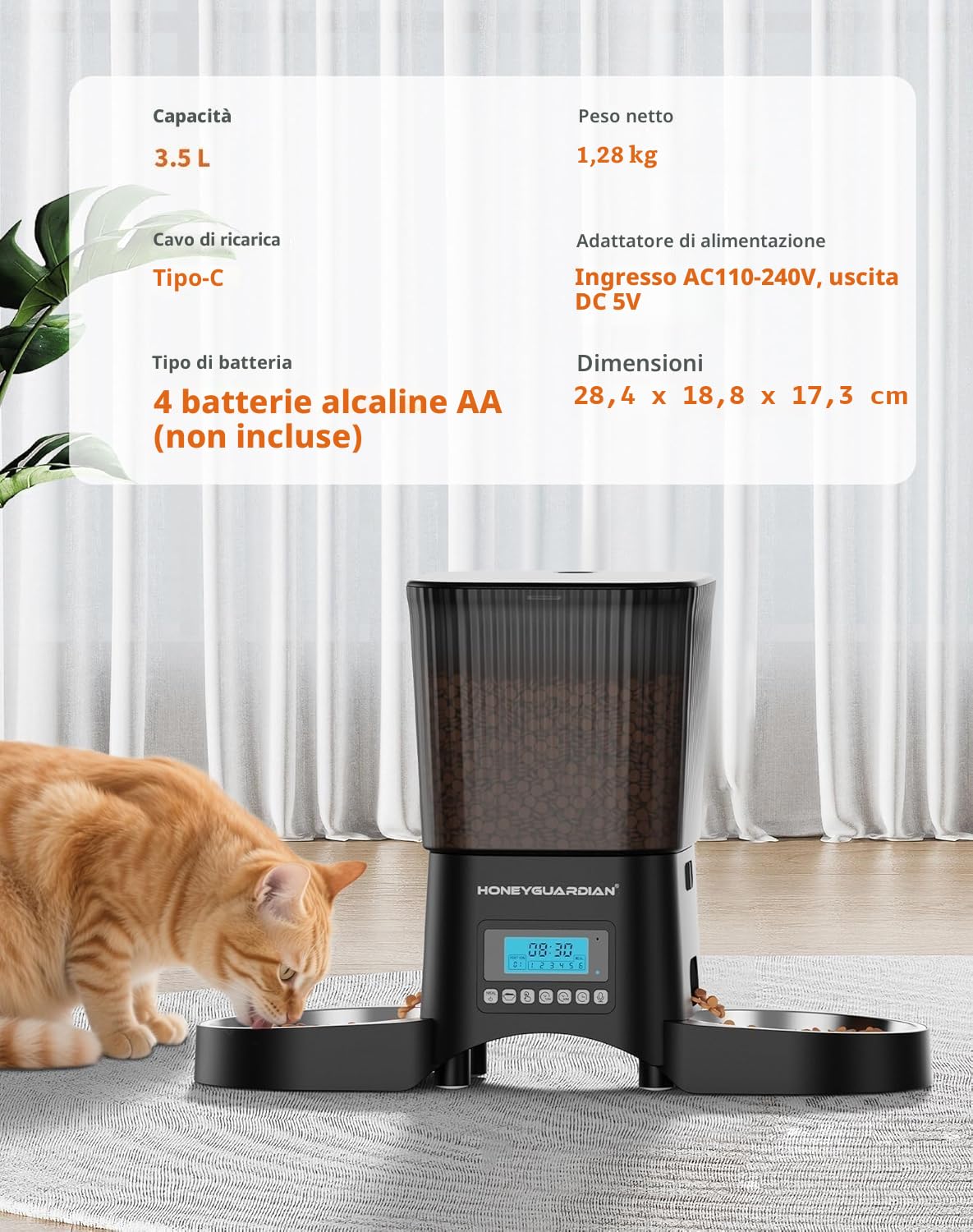 HoneyGuaridan Distributore Automatico Cibo Gatti, 3.5L Dispenser Crocchette Gatto con 4 ciotole, Programmable Porzione(6 Pasti/Giorno), Avviso vocale per i pasti, piedini antiscivolo