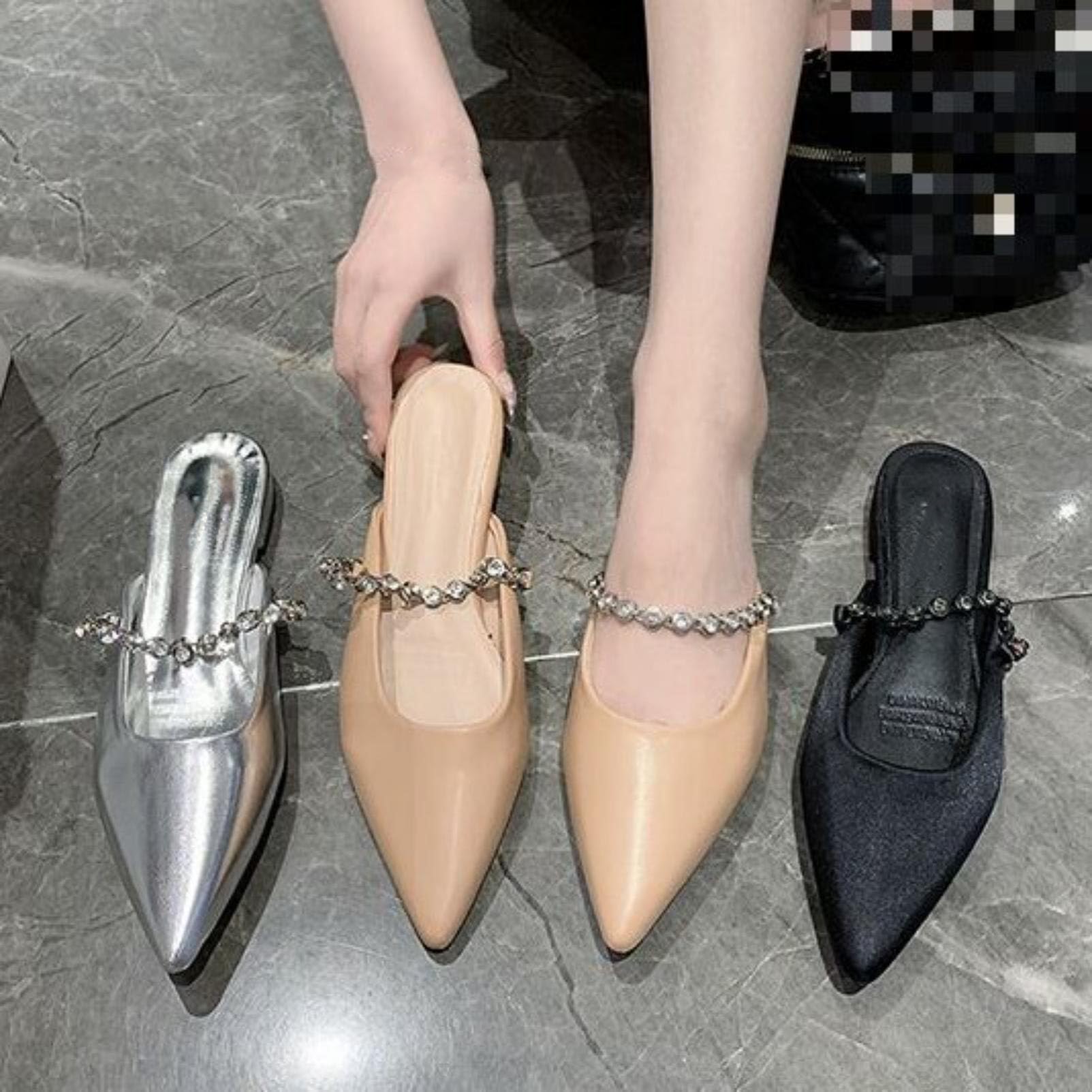 Genérico Mujer Punta Puntiaguda Sandalias Mule Planas con Diamantes