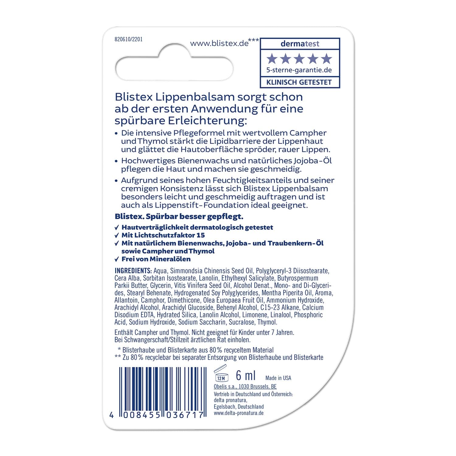 Blistex Balsamo per labbra Intensive Care, senza petrolati, da 6 ml, con SPF 15 (etichetta in lingua tedesca)