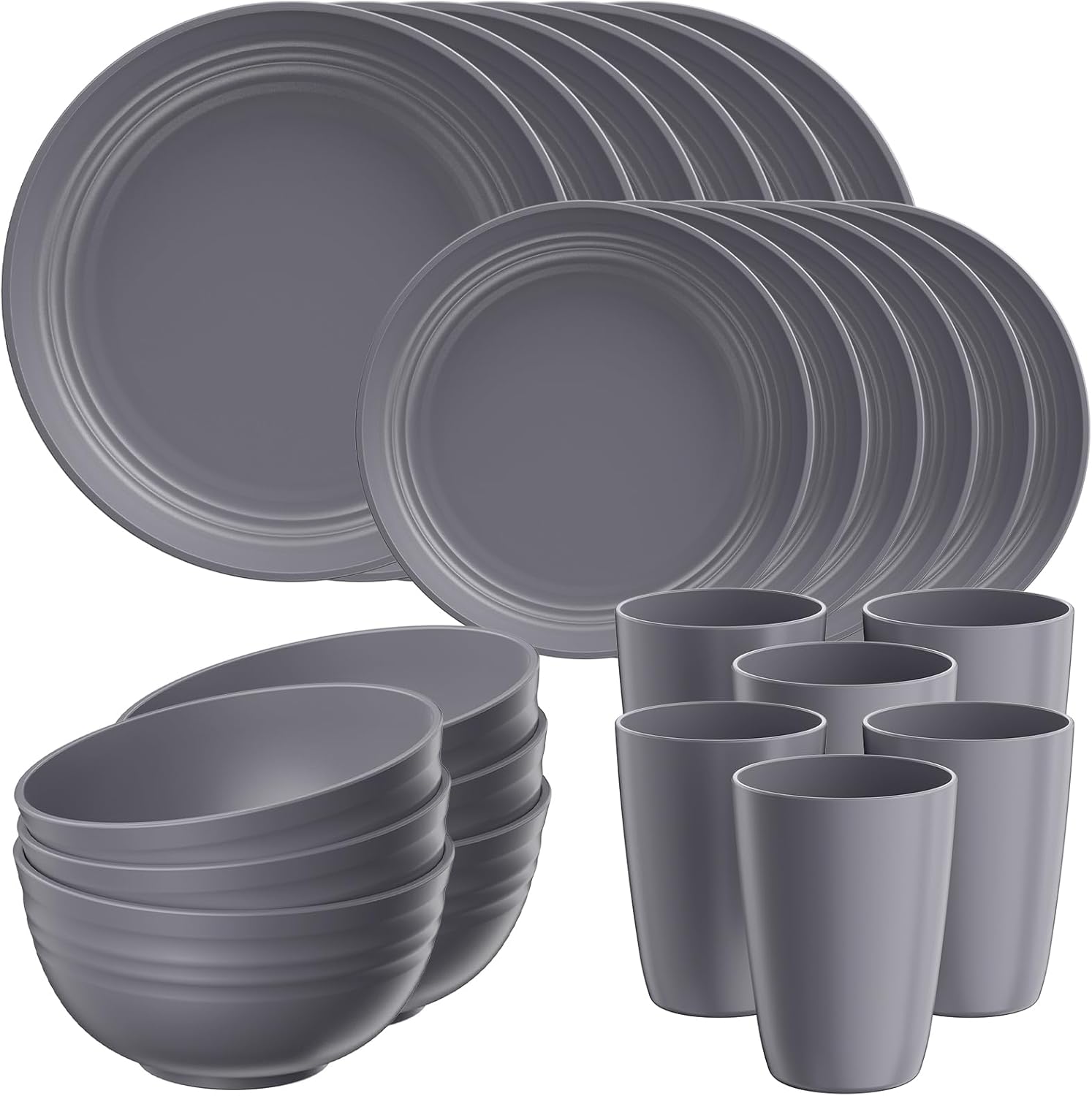 Quatish 32 Piece Plates and Bowls Sets for 8, Unbreakable Dinnerware Sets, Plastic Dish Set for Camping, Dishwasher Microwave Safe, Outdoor Kitchen and Apartment Dorm Dinning RV Essentials, Grey
