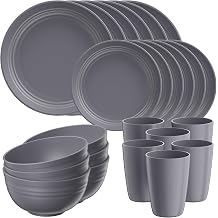 Quatish 24 Piece Plates and Bowls Sets for 6, Unbreakable Dinnerware Sets, Plastic Dish Set for Camping, Dishwasher Microwave Safe, Outdoor Kitchen and Apartment Dorm Dinning RV Essentials, Grey