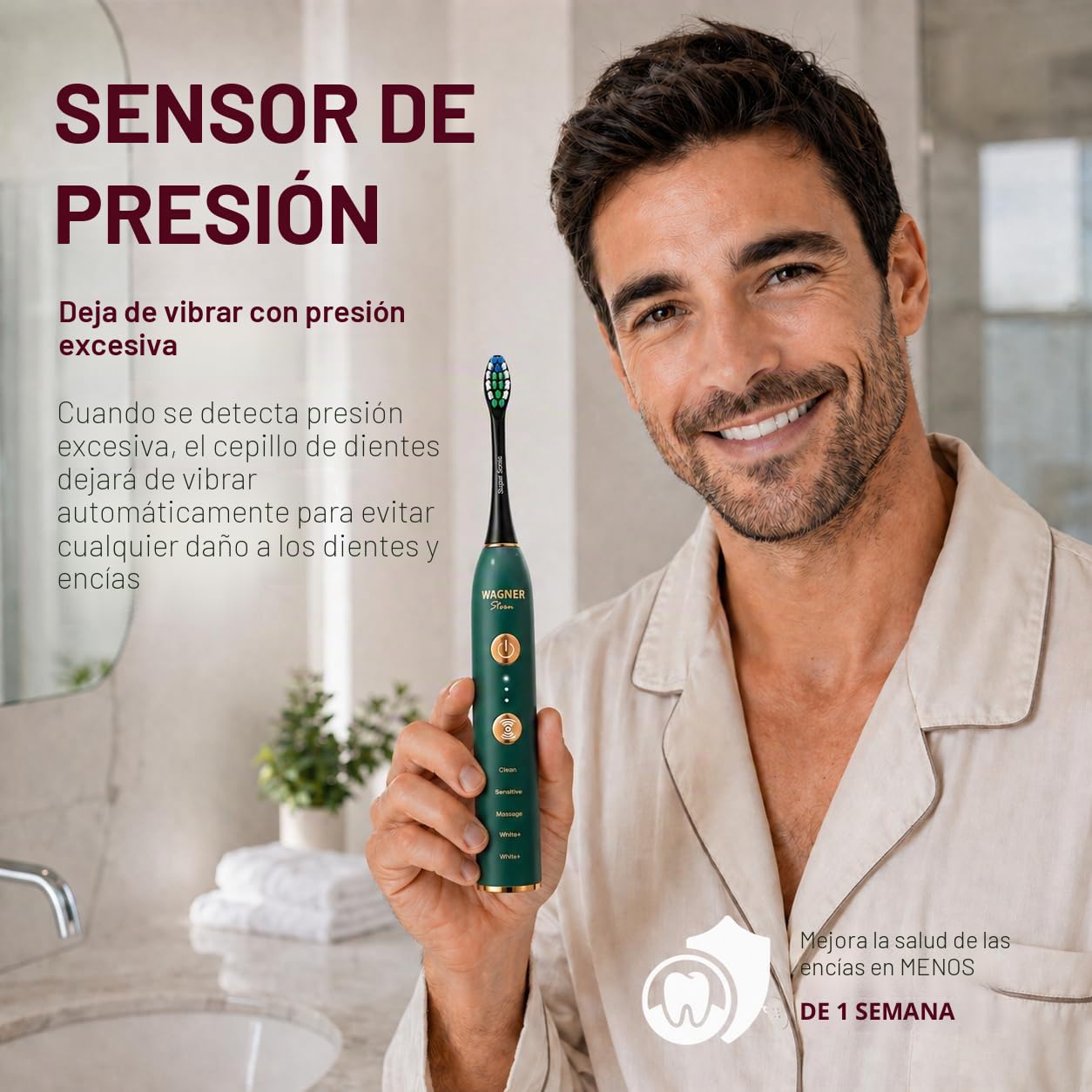Wagner Stern WHITEN+ Edition. Cepillo de dientes eléctrico blanqueador con sensor de presión. Ofrece 5 modos de cepillado, 3 intensidades, 8 cabezales de cepillo suaves y un estuche de viaje de lujo.