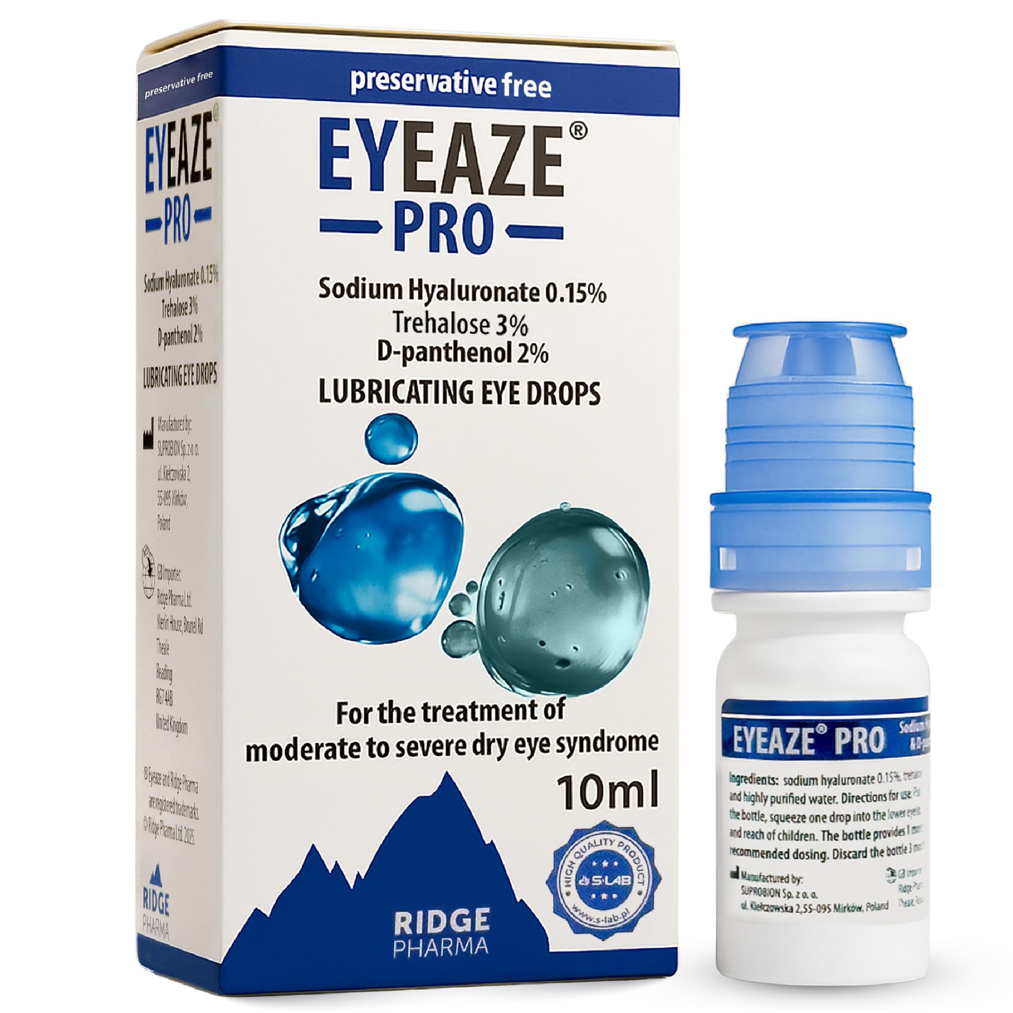 Ridge Pharma Eyeaze Pro Dry Eyes Eye Drops - Preservative Free - Contact Lens Friendly - Triple-Action Trehalose & D-Pan