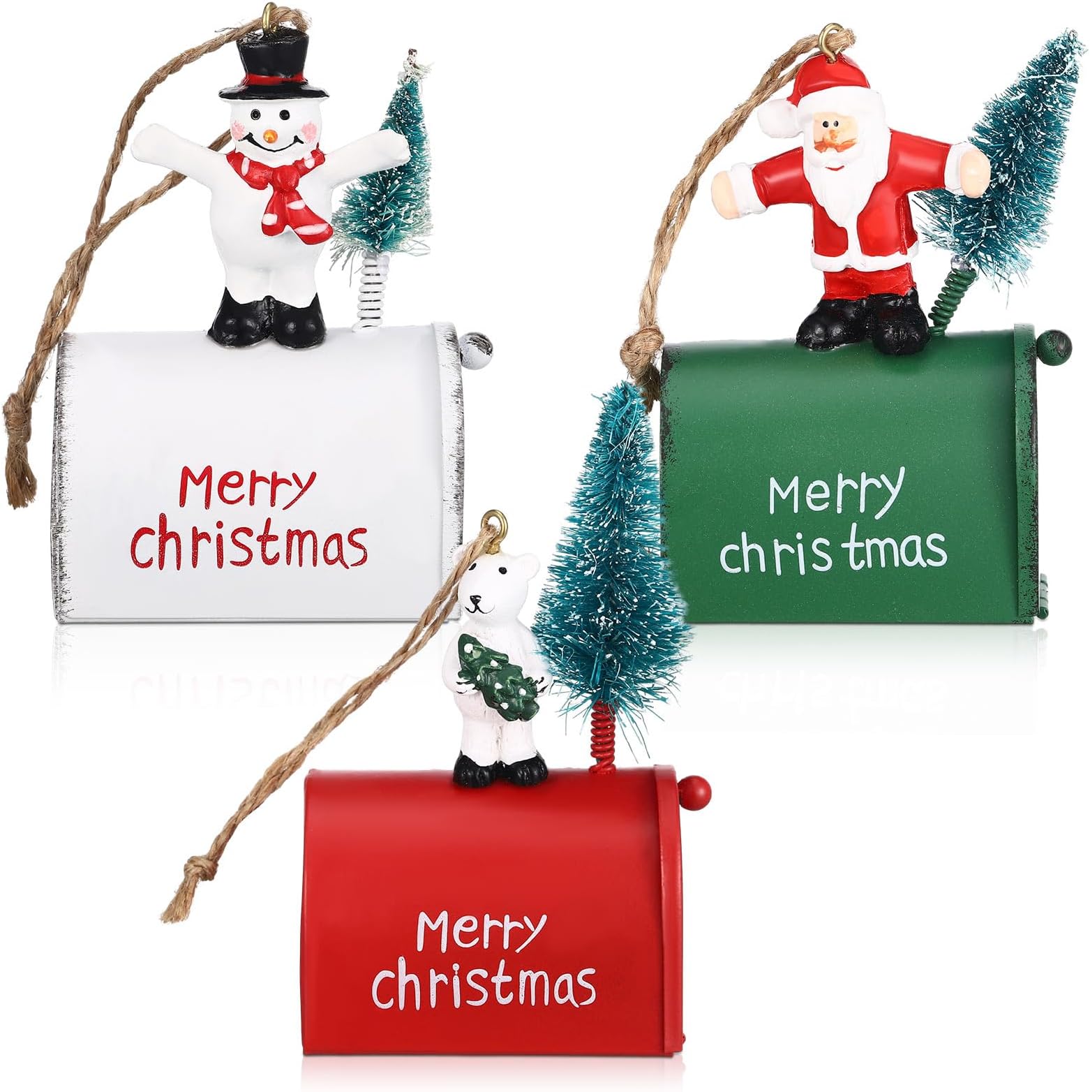 Soaoo 3 Pieces Mini Mailbox Christmas Tree Ornaments Funny Money Holders Ornaments Letters to Santa Mailbox Xmas Vintage Post Box Merry Christmas Tree Hanging Decorations Gift(Santa Snowman Bear)
