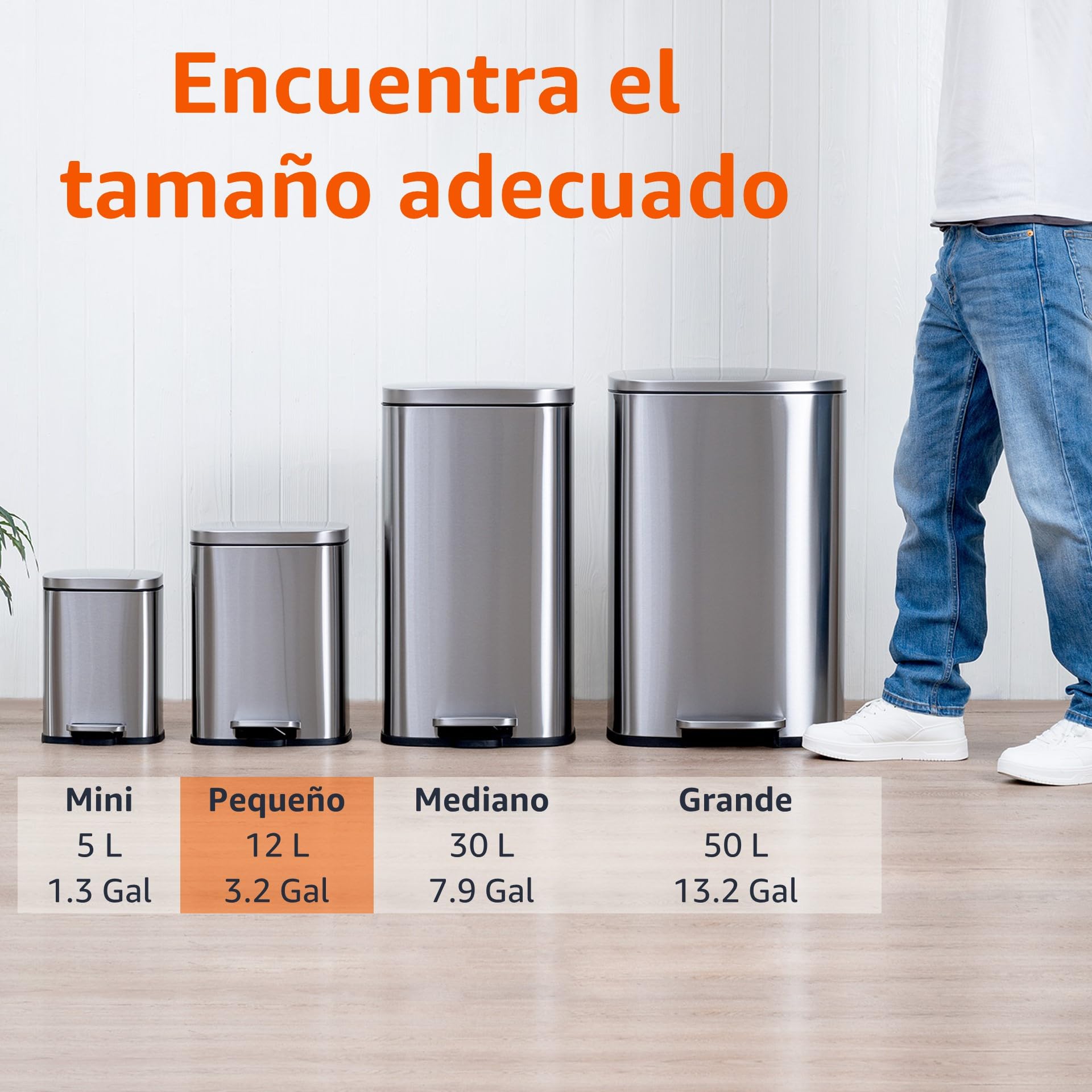 Amazon Basics Cubo de basura rectangular pequeño antimanchas con pedal suave, baño, dormitorio o salón, acero inoxidable cepillado y níquel satinado, 12 l, 28,7 x 25,15 x 38,35 cm (l. x an. x alt.)