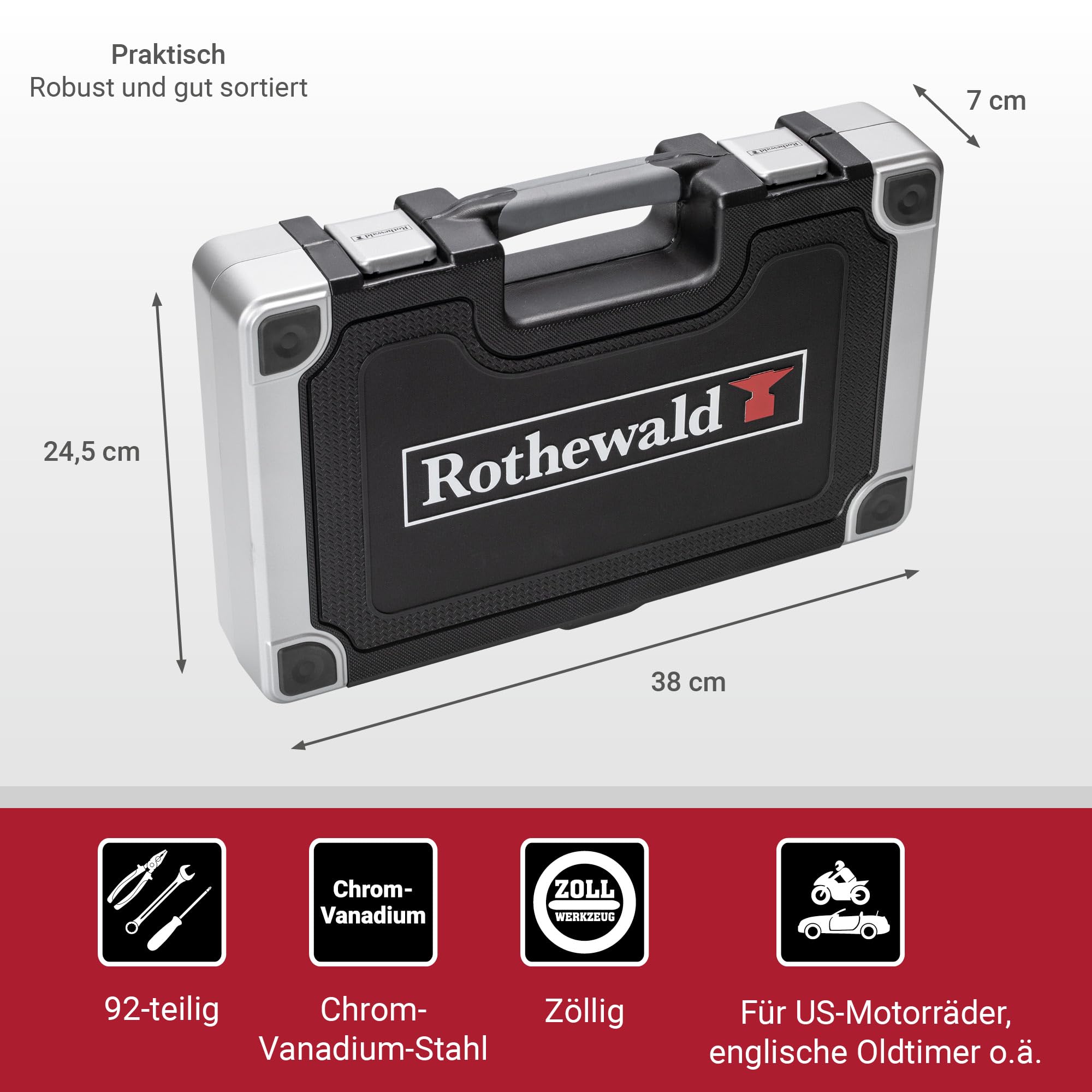 Rothewald Zoll Werkzeugsatz, 92 Teile, Herausnehmbare Bithalter Für Zoll-Bits, Feinverzahnte Ratschen, Erleichtert Kontrolliertes Schrauben, Chrom-Vanadium-Stahl