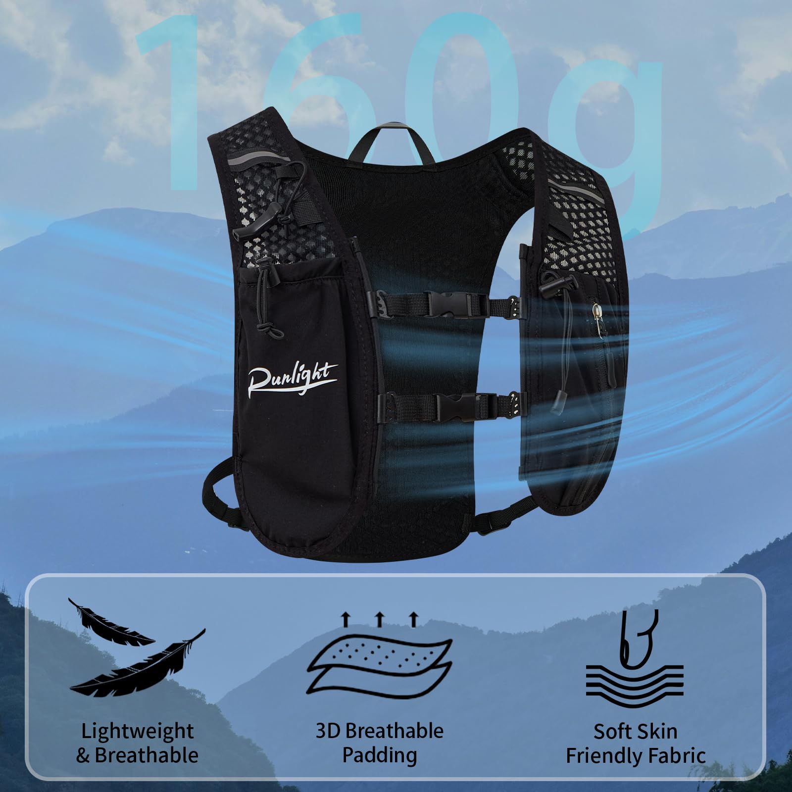 Laufrucksack Laufweste Damen und Herren Verstellbare Reflektierender Brustgurte Trinkweste Laufen mit 1500ml Wasserflasche