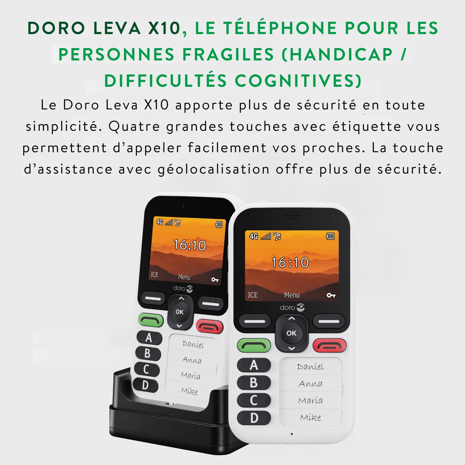 Doro - Leva X10- Téléphone Portable Senior- Téléphone 4G Débloqué- 4 Numéros Pré-Enregistrés- Touche d'Assistance avec GPS- Minuterie de Sécurité- SMS Uniquement -Blanc