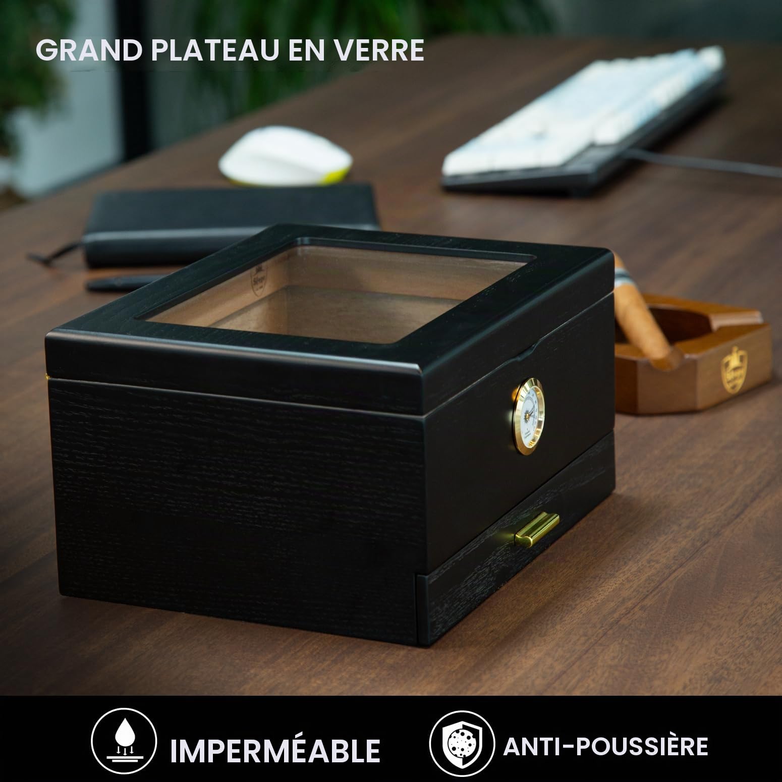 Slege Cave à cigares, Caves à cigares, boîte à cigares en Bois de cèdre Espagnol, Accessoires de cigares, tiroir, avec humidificateur, hygromètre, séparateur, Cadeau pour Homme（Noir）