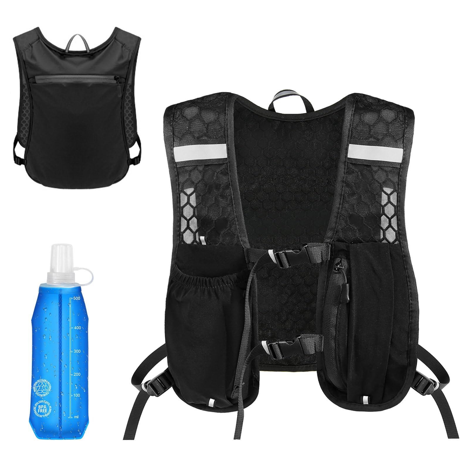 Loopvest met 500 ml waterfles, drinkvest, reflecterende drinkrugzak, looprugzak, reflecterende rugzak, marathon running rugzak, trailrunning vest, verstelbaar, voor hardlopen en fietsen