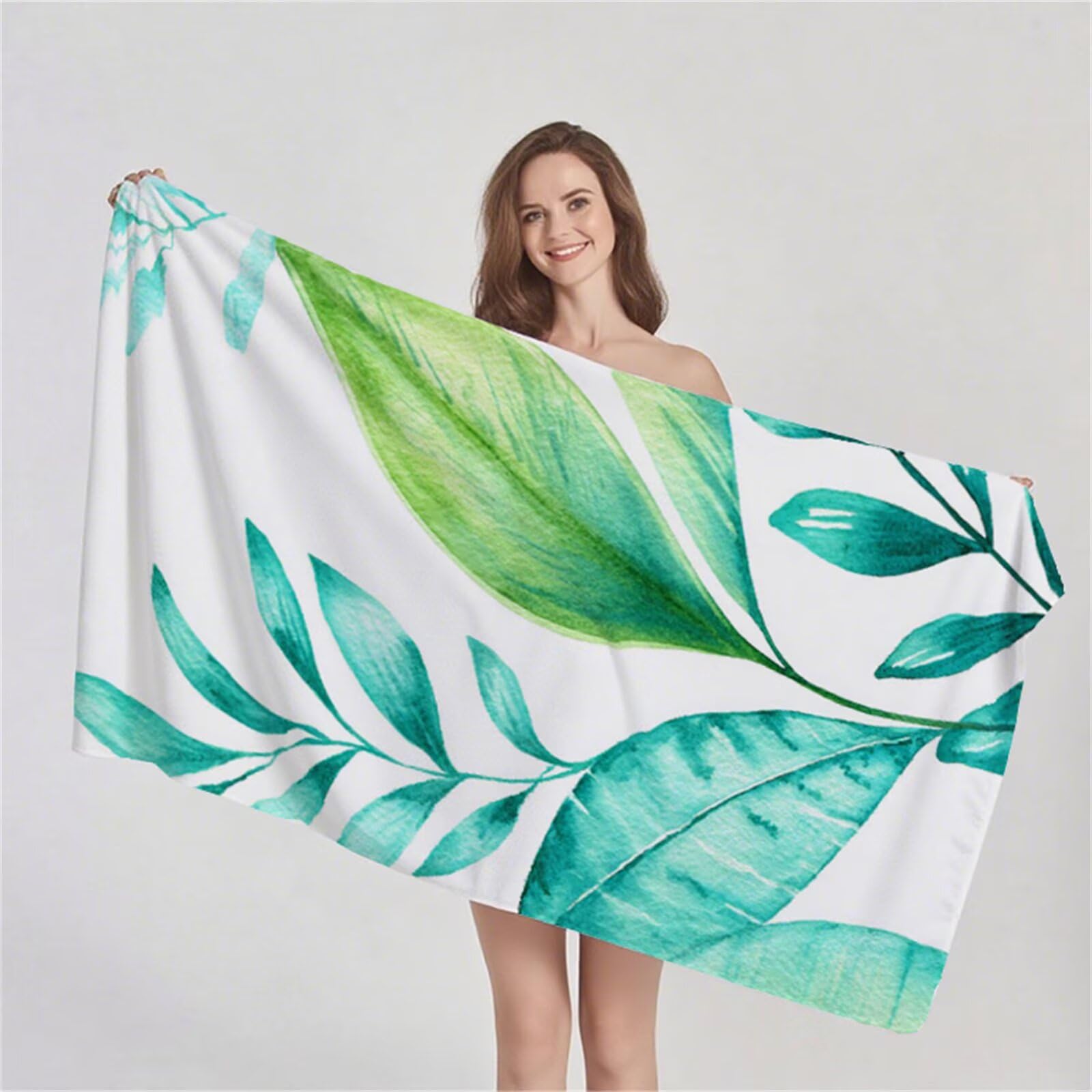 Ręcznik plażowy z mikrofibry, zielone rośliny Duży ręcznik kąpielowy 220 x 100 cm, lekki, miękki, szybkoschnący, odporny na piasek prześcieradło plażowe, z torbą do pływania Ręczniki sportowe G1-1154