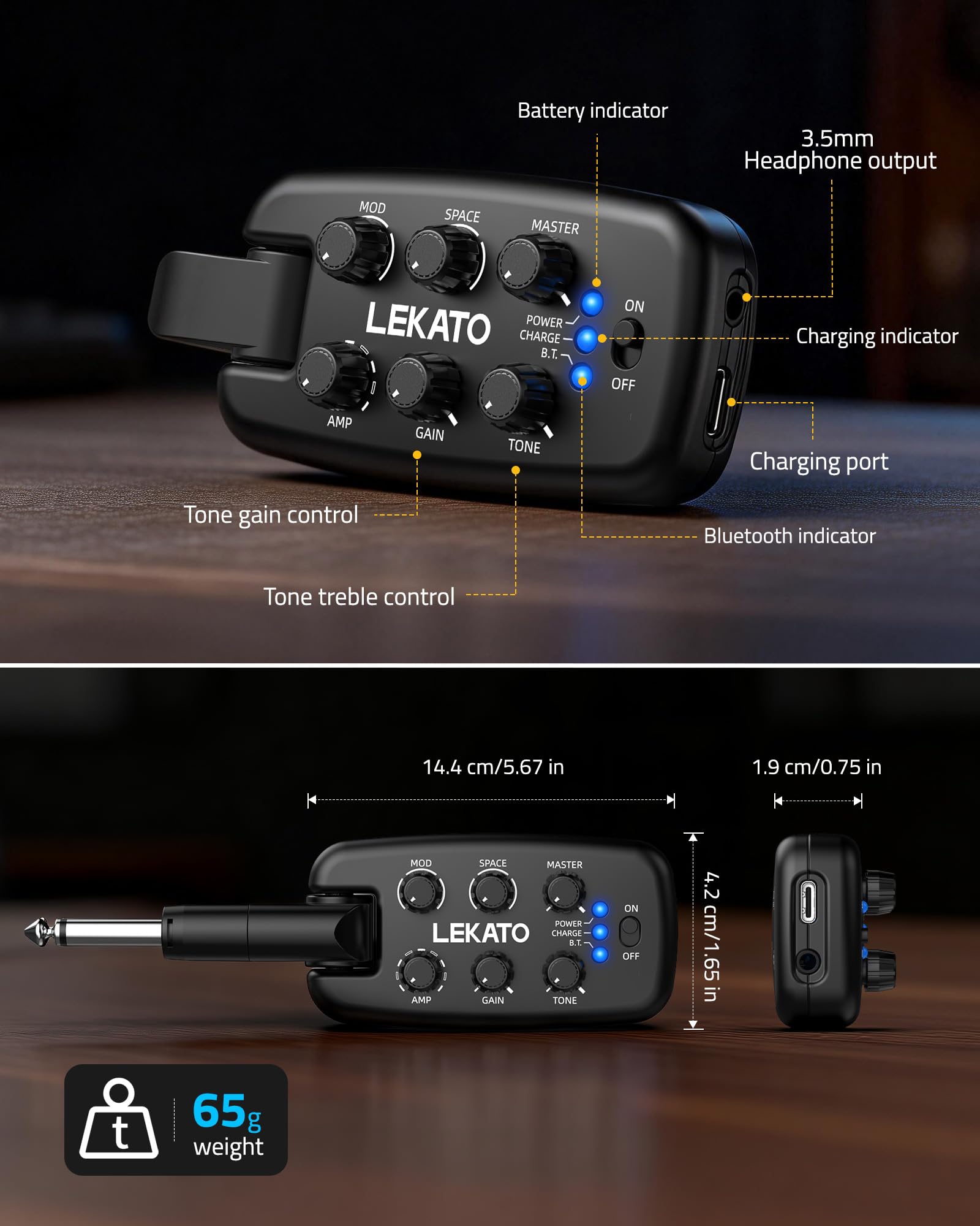 LEKATO Amplificatore per Cuffie da Chitarra, Amplificatore Portatile Plug-in per Pratica per Chitarra Elettrica e Basso, 9 Modelli di Amplificatore e 6 Effetti, Bluetooth 5.0, Spinotto Rotante a 180°