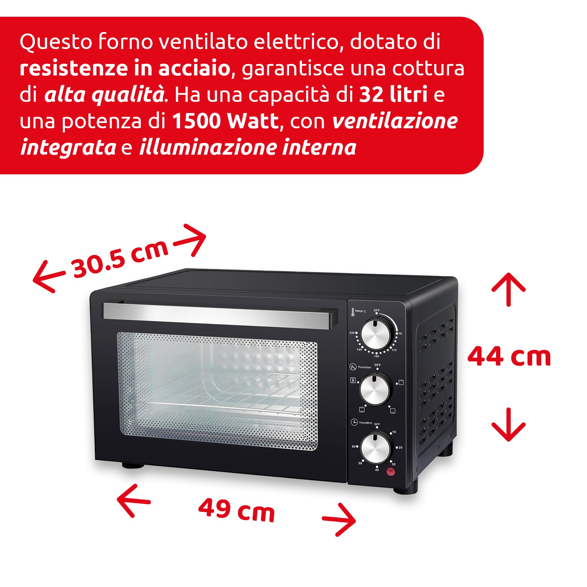 Melchioni Family | Forno Elettrico Ventilato DEVIL, Capacità 32 litri, 3 Modalità di Cottura, Timer da 60 Minuti, 1500W, Doppio Vetro, Luce Interna e Temperatura Fino a 230° C, 49 X 46 X 31 cm