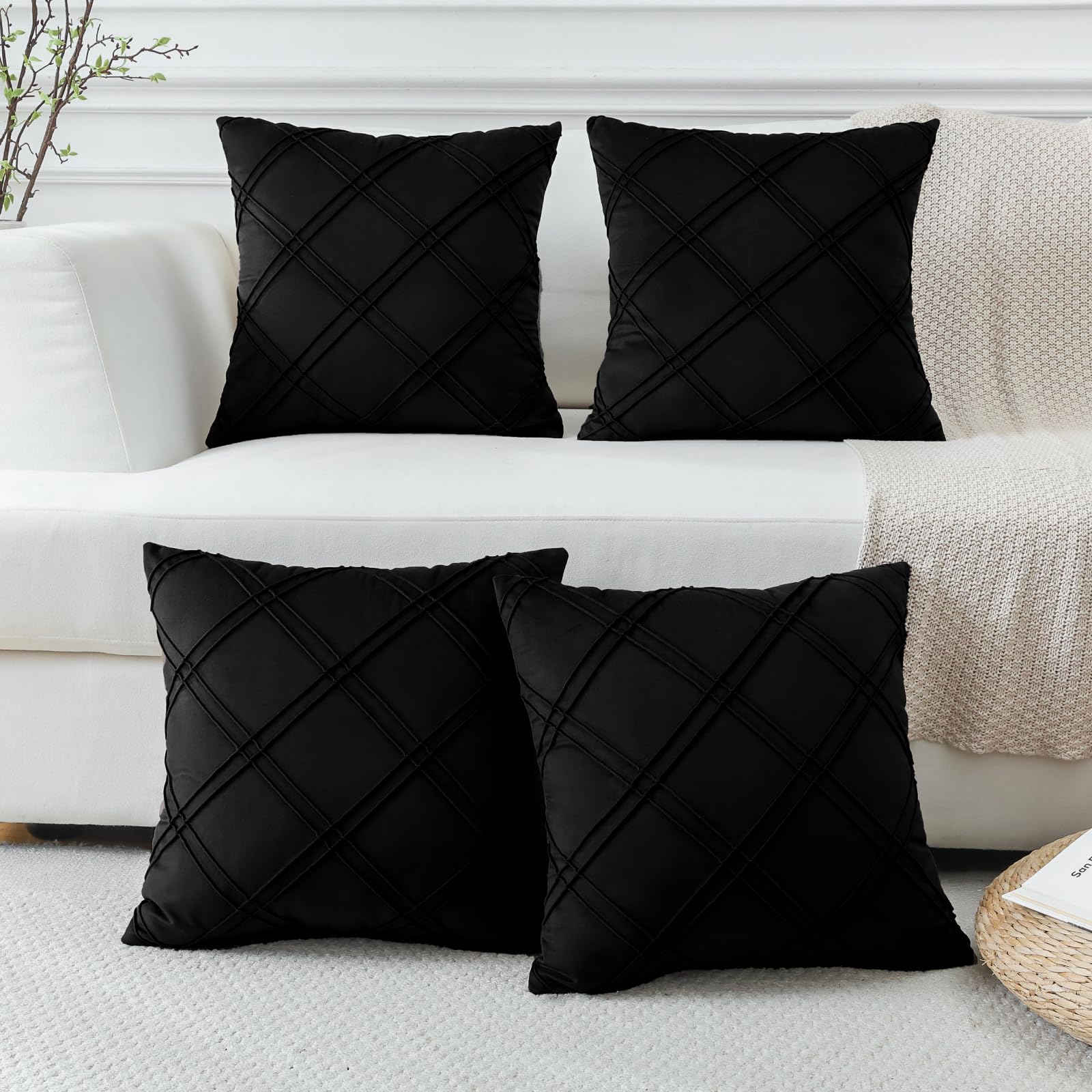Sungeek Set of 4 Soft Velvet Decorative Cushion Covers Diamond Pattern Pillow Covers with Invisible Zipper Square Throw Pillow Cases for Sofa Car Patio Bedroom Living Room (45x45 cm, Black) — image 1