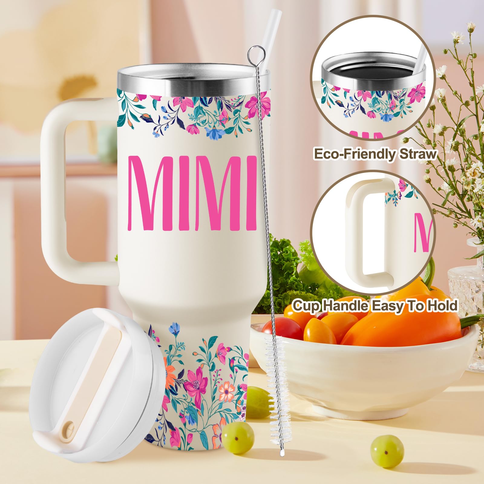 ROSTANTEN Mimi Gifts for Grandma Birthday Gifts for Mimi Grandma Gift Ideas from Grandkids for Mothers Day Christmas 40oz Travel Cup Insulated Tumbler with Lid & Straw