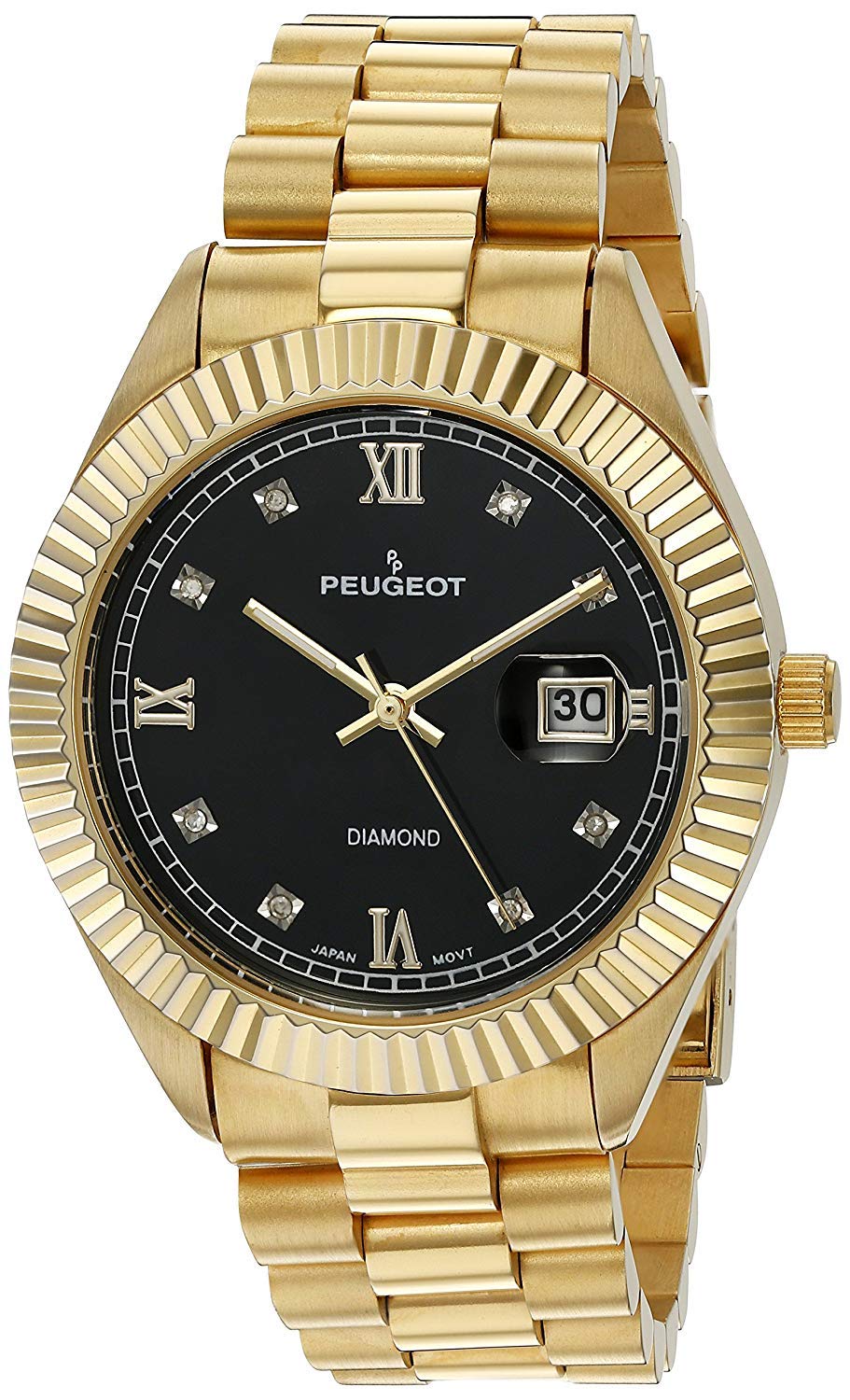 Peugeot14K Gold Plated Diamond Luxury Dress Watch with Fluted Bezel and Calendar