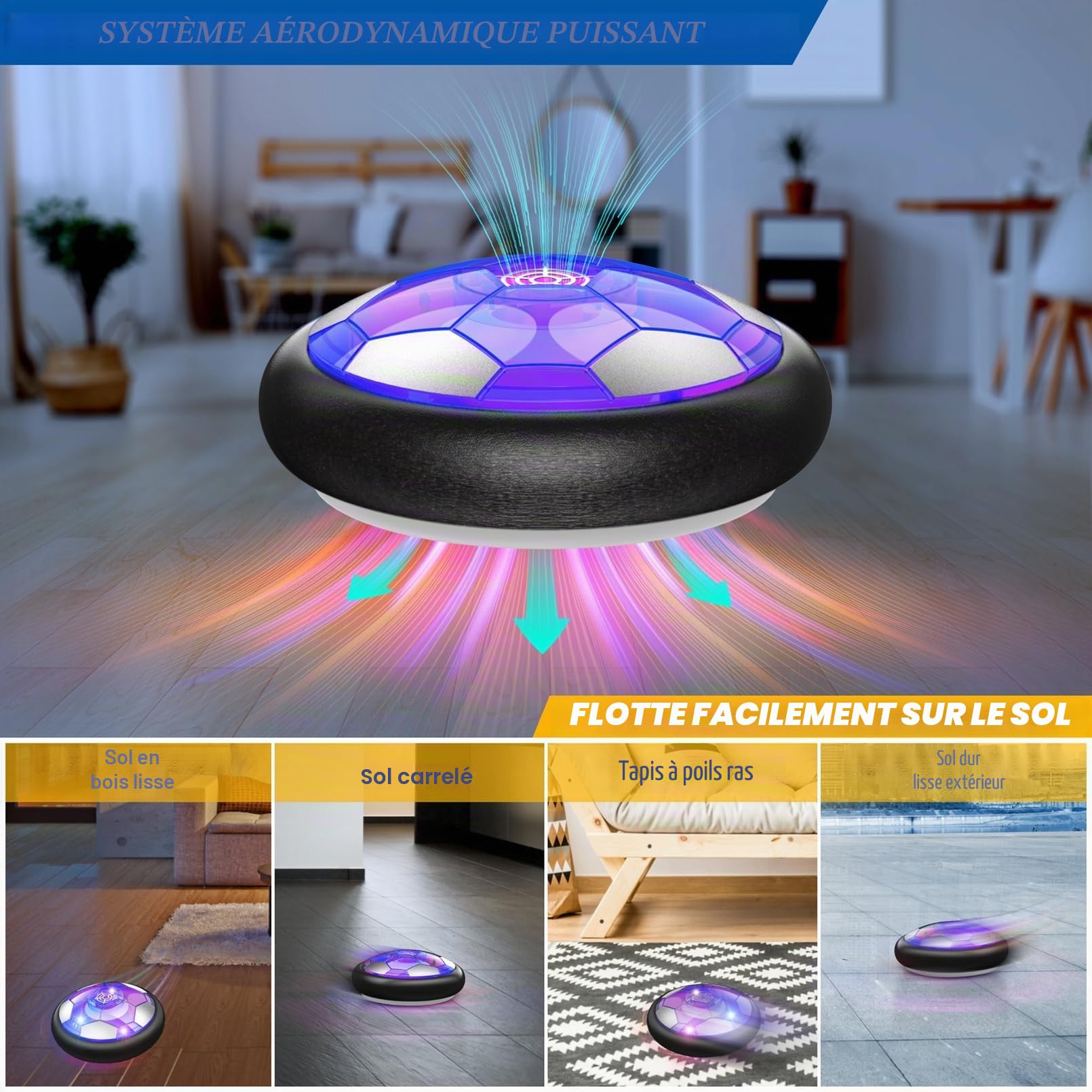 Ancesfun Air Football Set avec 2 Buts, Ballon de Toys Hover Power Football Rechargeable avec LED, Soccer Ball de Puissance d'air pour Les Jeux Extérieurs D'intérieur de Garçons Filles Âge 3-12+
