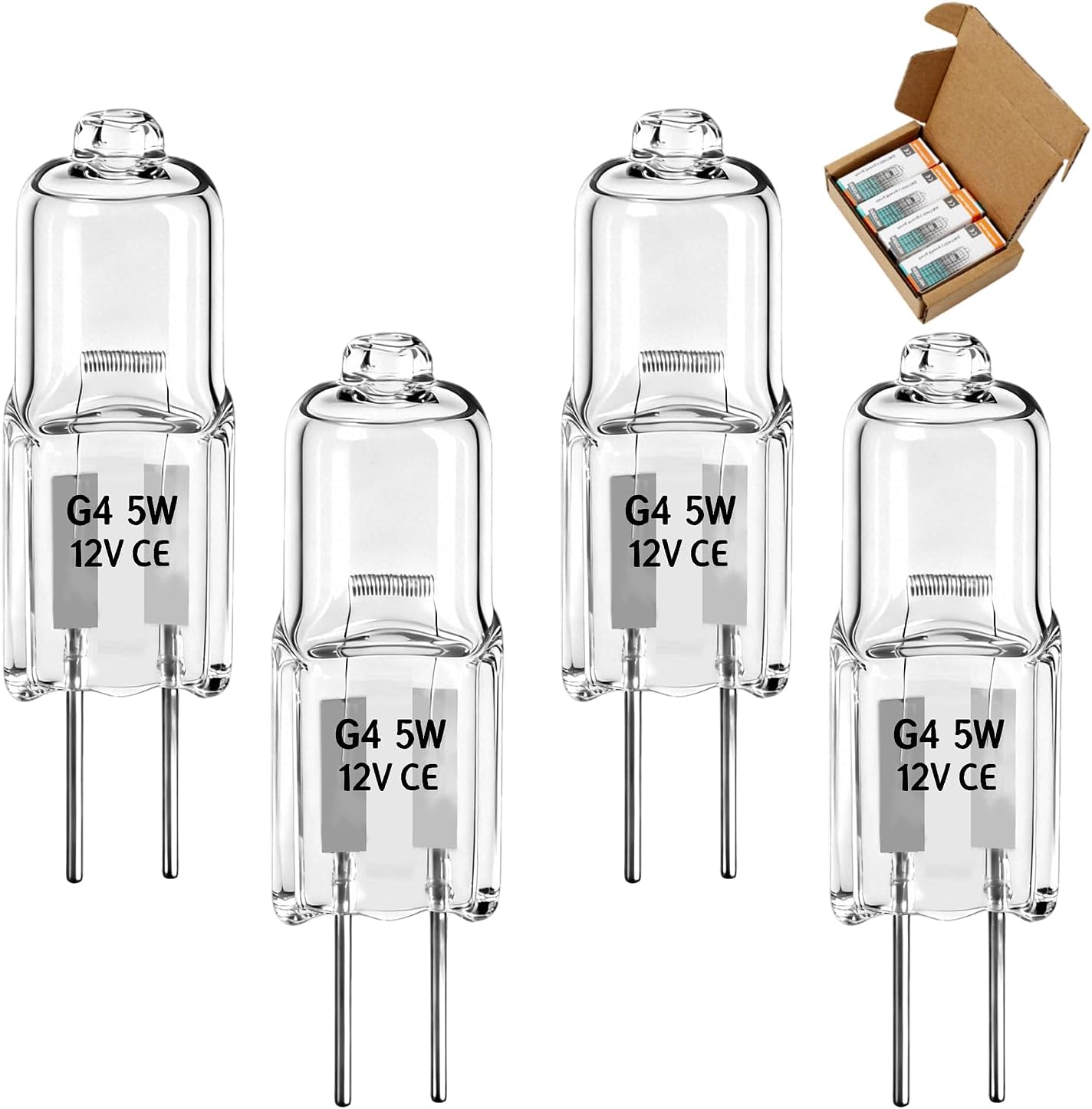 4PCS 5W 12V G4 2-Pin Base T4 Clear Halogen Light Bulbs for Oven Indoor Embedded and Track Lighting 4000 Hrs Average Life Replace#: 64405